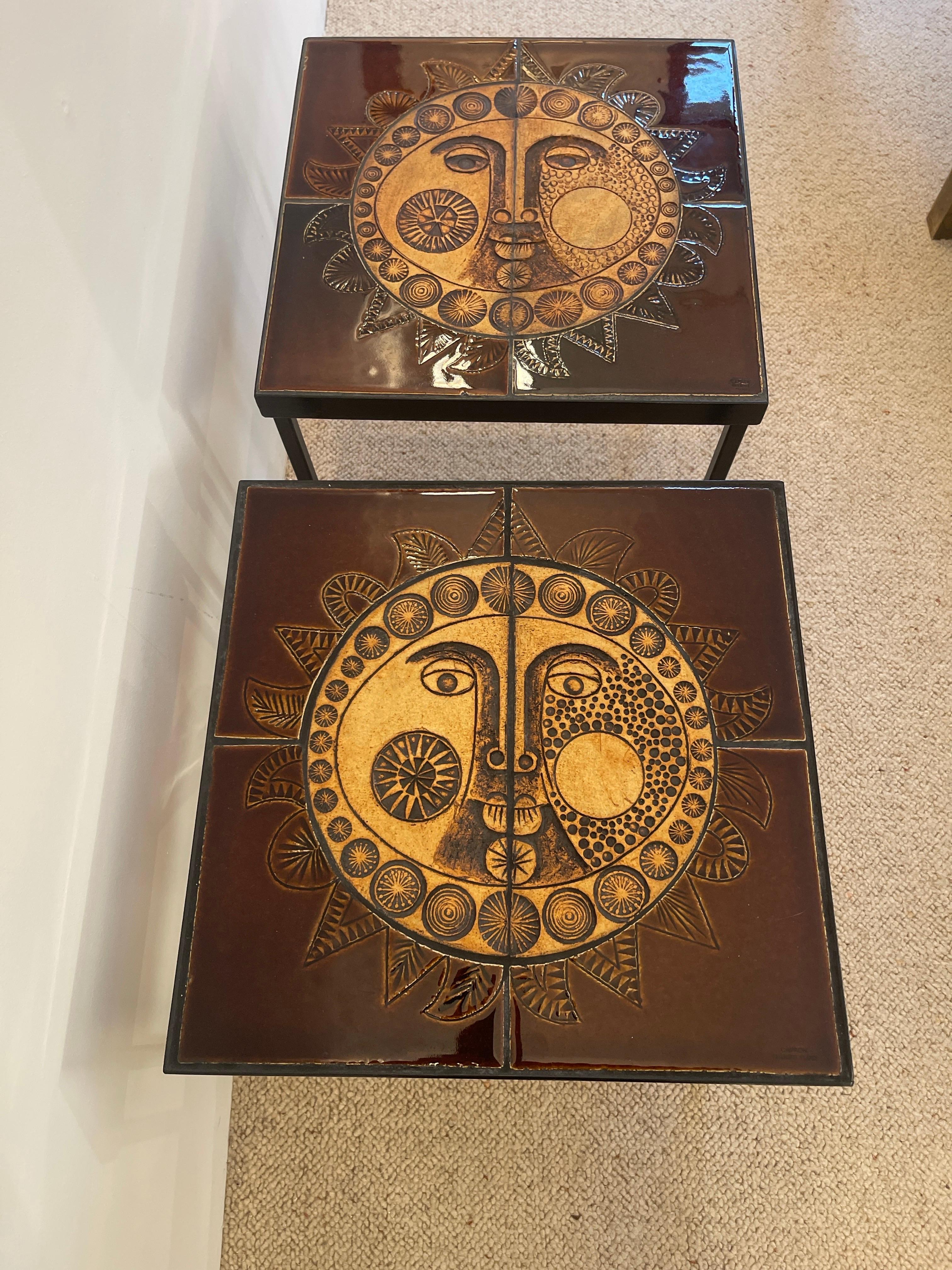 Metal pair of French Roger Capron Tables in ceramic 1950 For Sale
