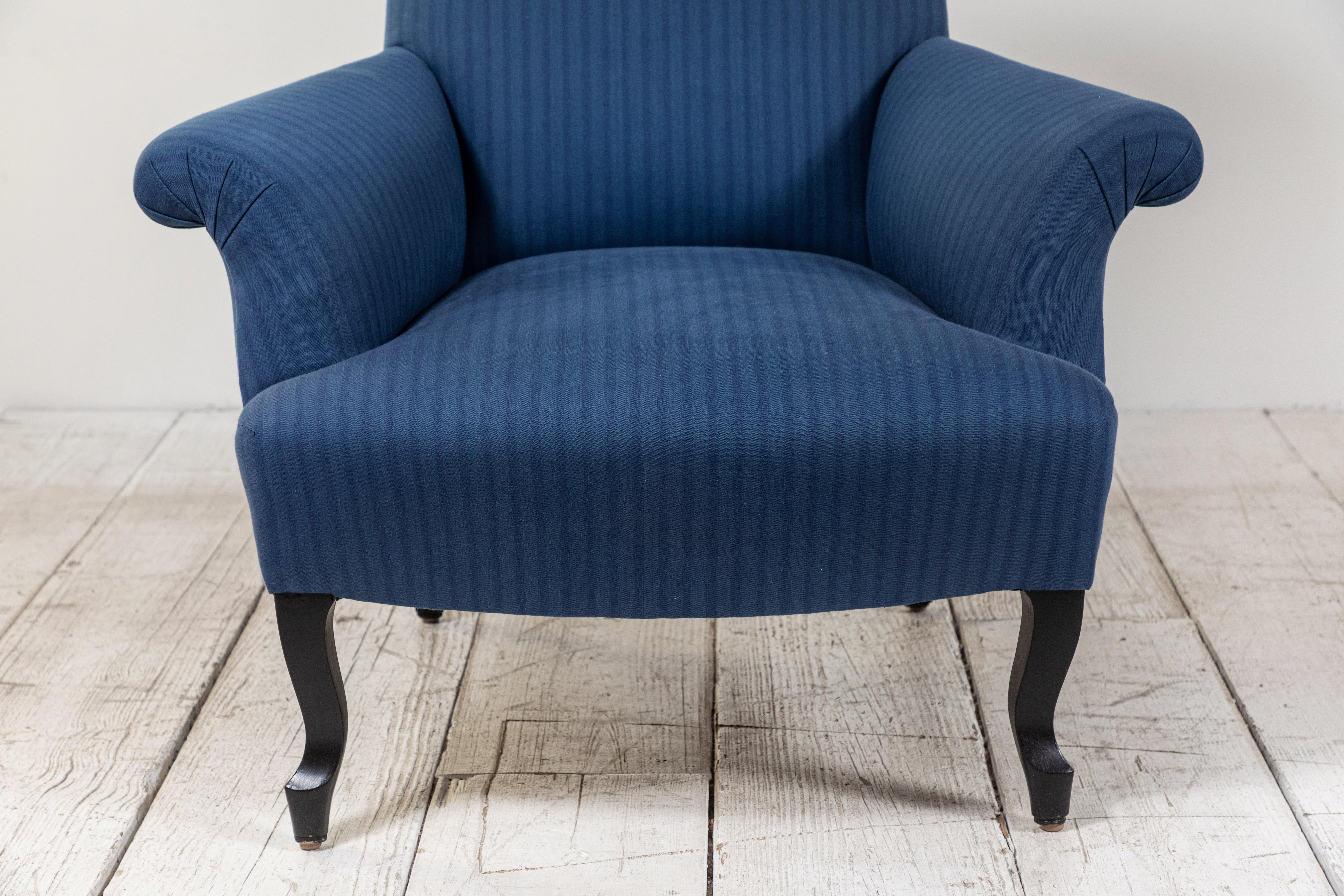 Pair of French Rolled Arm Club Chairs Upholstered in Blue Tonal Striped Fabric 6