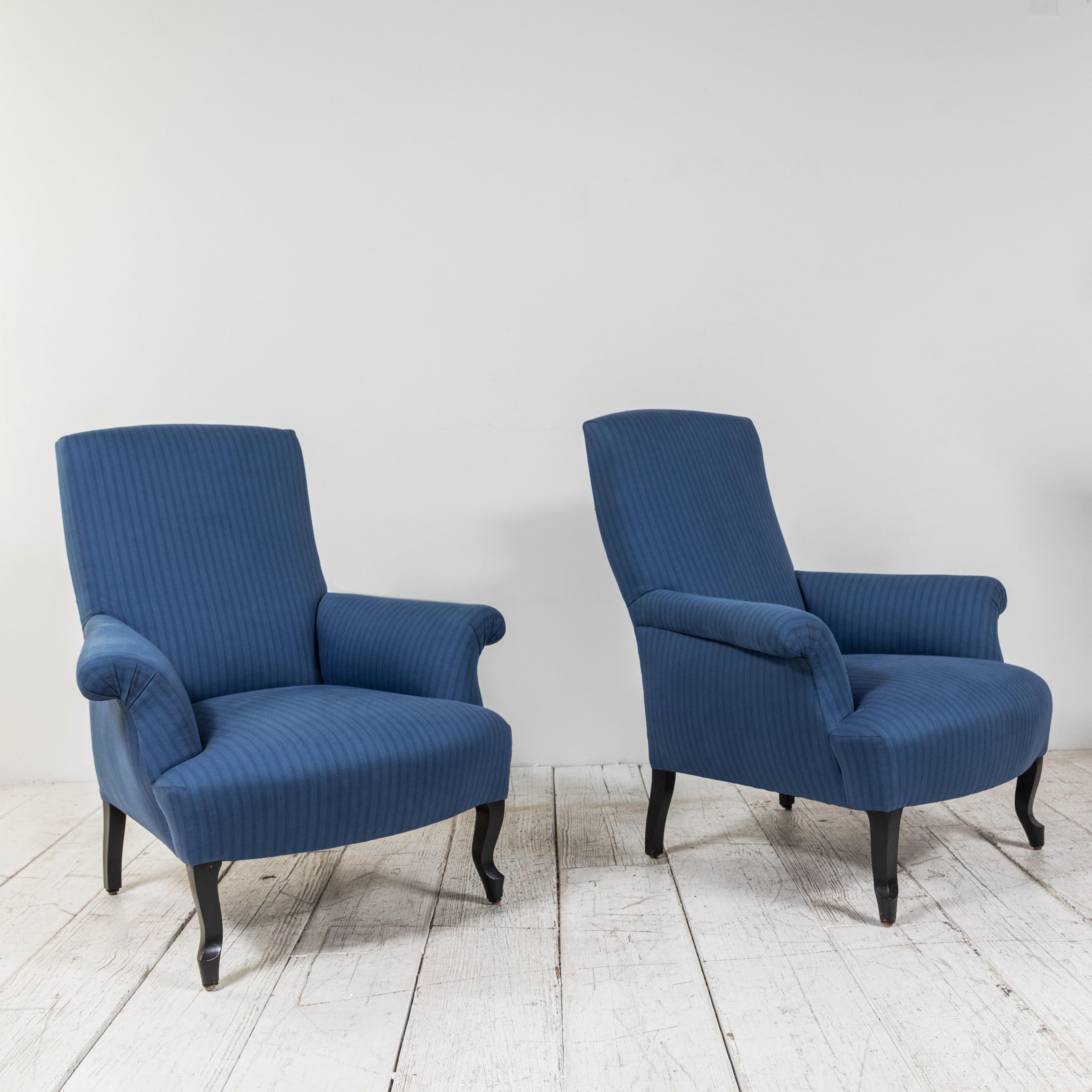 20th Century Pair of French Rolled Arm Club Chairs Upholstered in Blue Tonal Striped Fabric