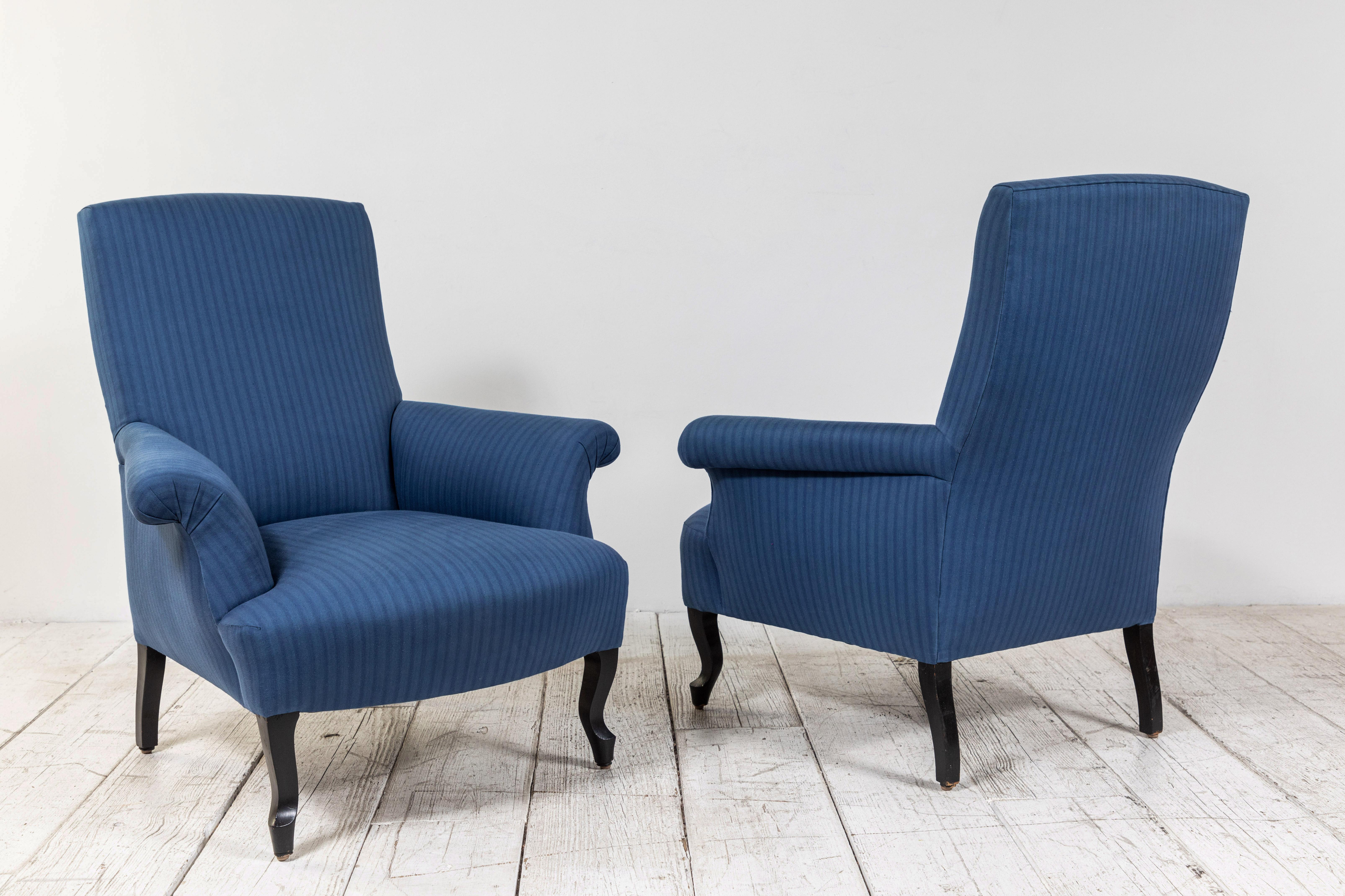 Pair of French Rolled Arm Club Chairs Upholstered in Blue Tonal Striped Fabric 2