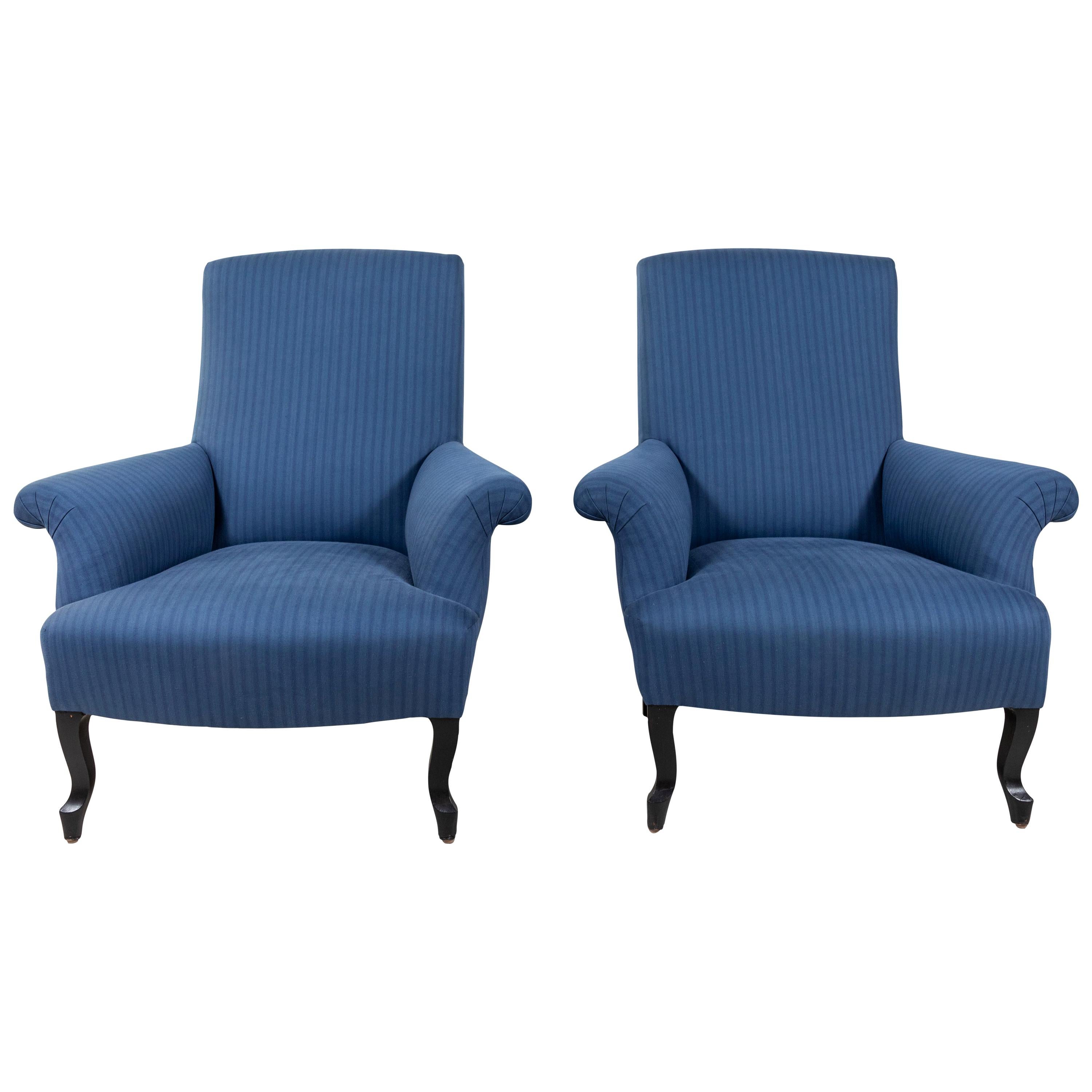 Pair of French Rolled Arm Club Chairs Upholstered in Blue Tonal Striped Fabric