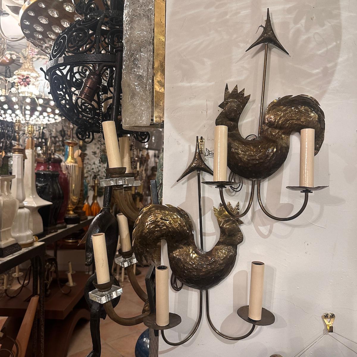 Pair of French Rooster Sconces In Good Condition For Sale In New York, NY