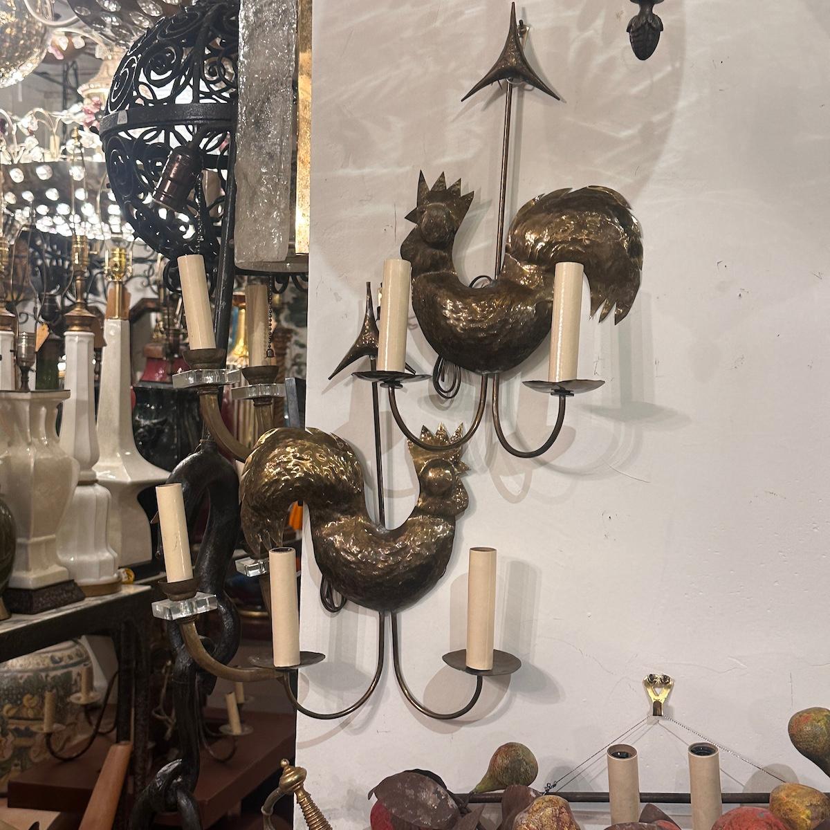 Brass Pair of French Rooster Sconces For Sale
