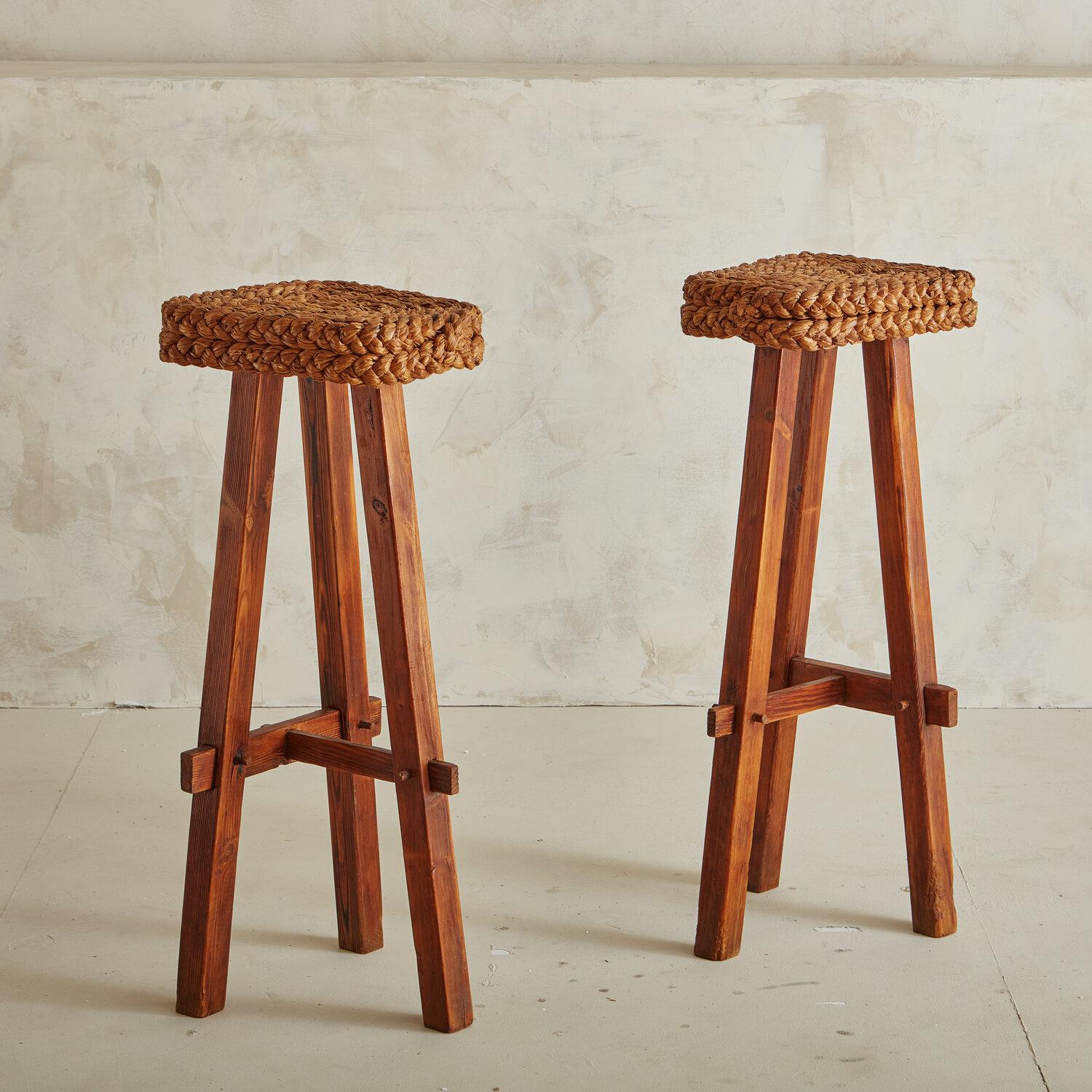 Mid-Century Modern Pair of French Rope and Wood Bar Height Stools in the Style of Audoux and Minet