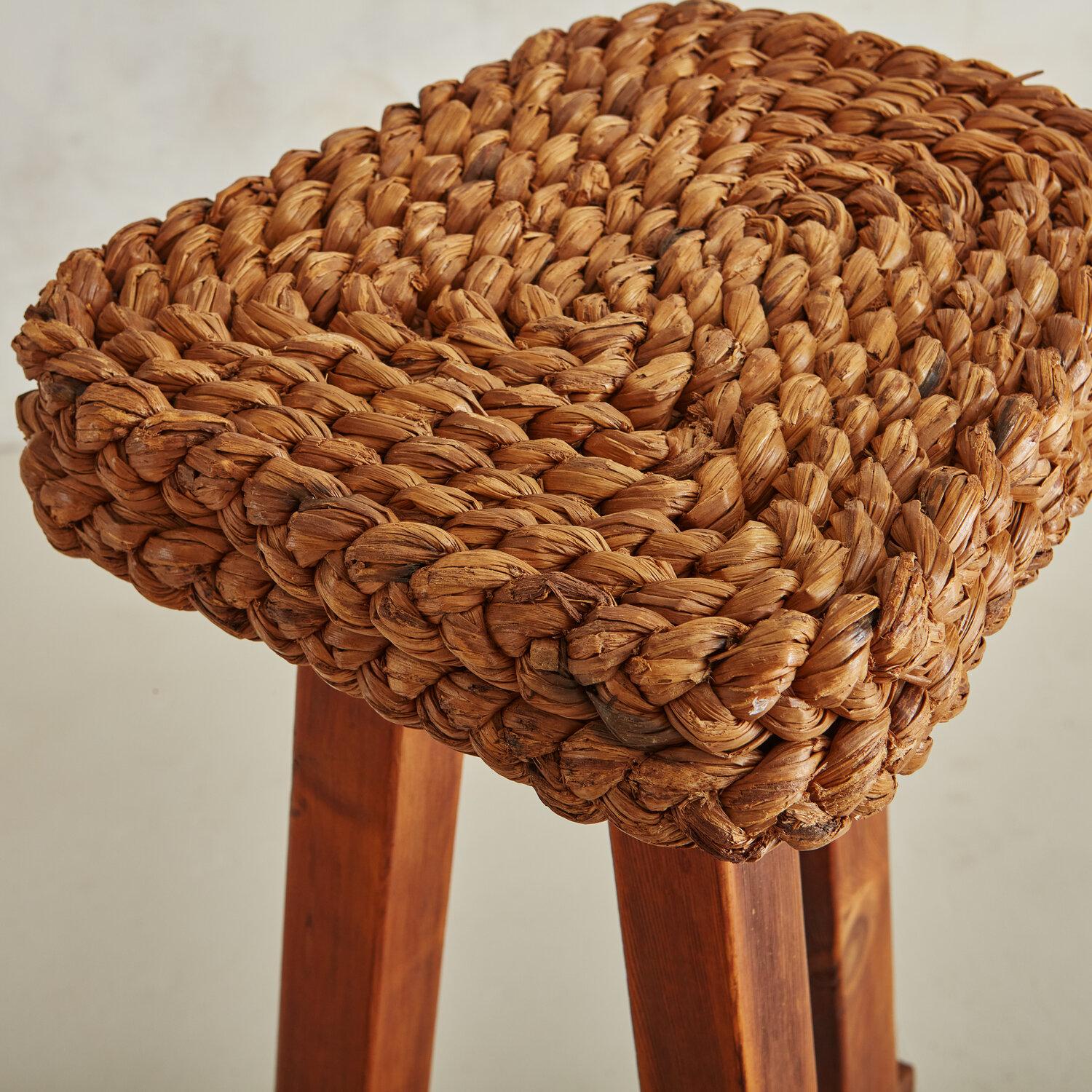 Mid-20th Century Pair of French Rope and Wood Bar Height Stools in the Style of Audoux and Minet