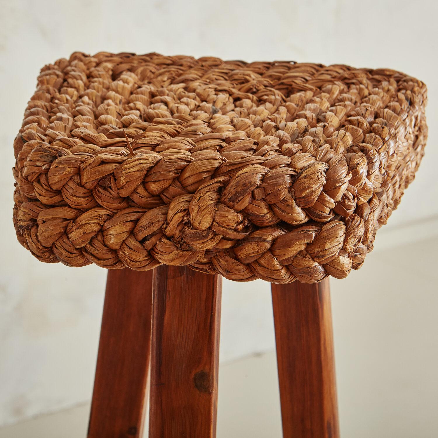 Pair of French Rope and Wood Bar Height Stools in the Style of Audoux and Minet 1