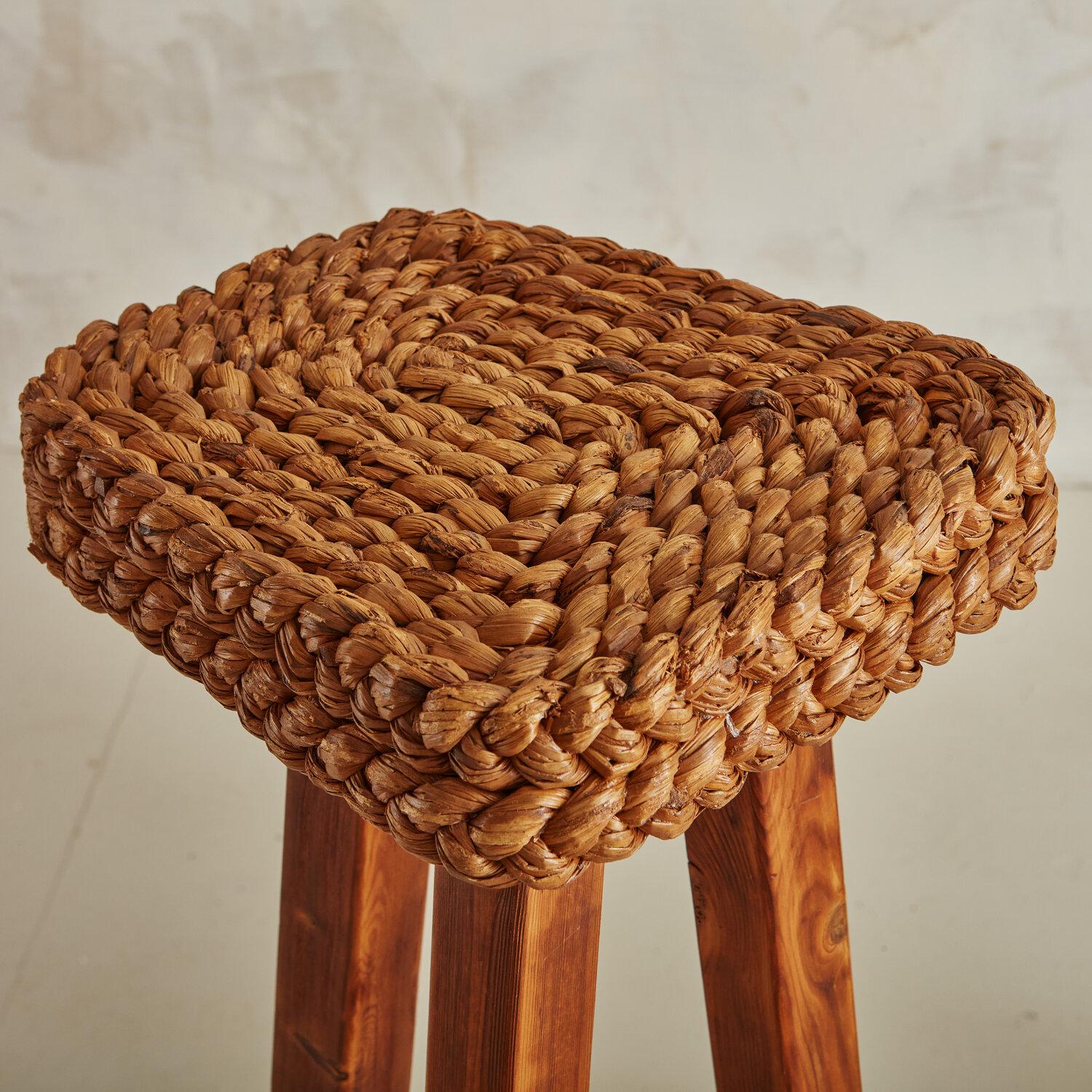 Pair of French Rope and Wood Bar Height Stools in the Style of Audoux and Minet 4