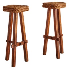 Pair of French Rope and Wood Bar Height Stools in the Style of Audoux and Minet
