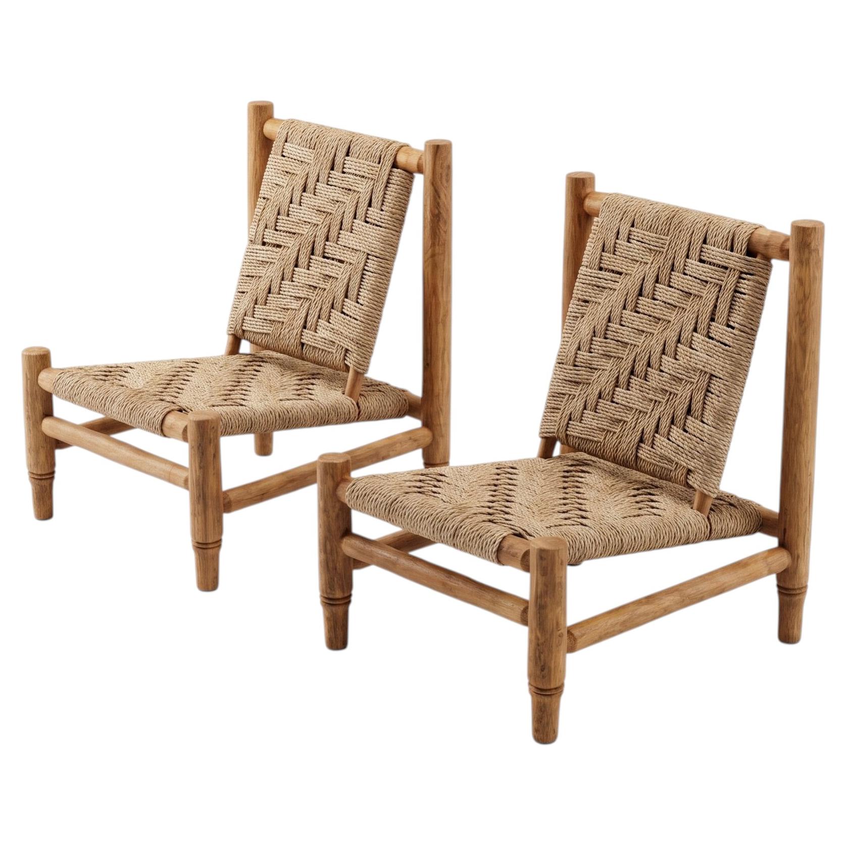 Par de sillones franceses de cuerda de Audoux & Minet - década de 1950