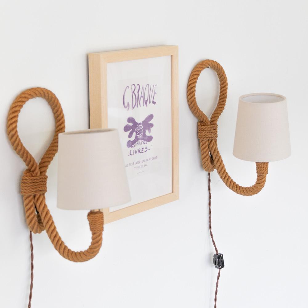 Mid-Century Modern Pair of French Rope Sconces by Audoux Minet