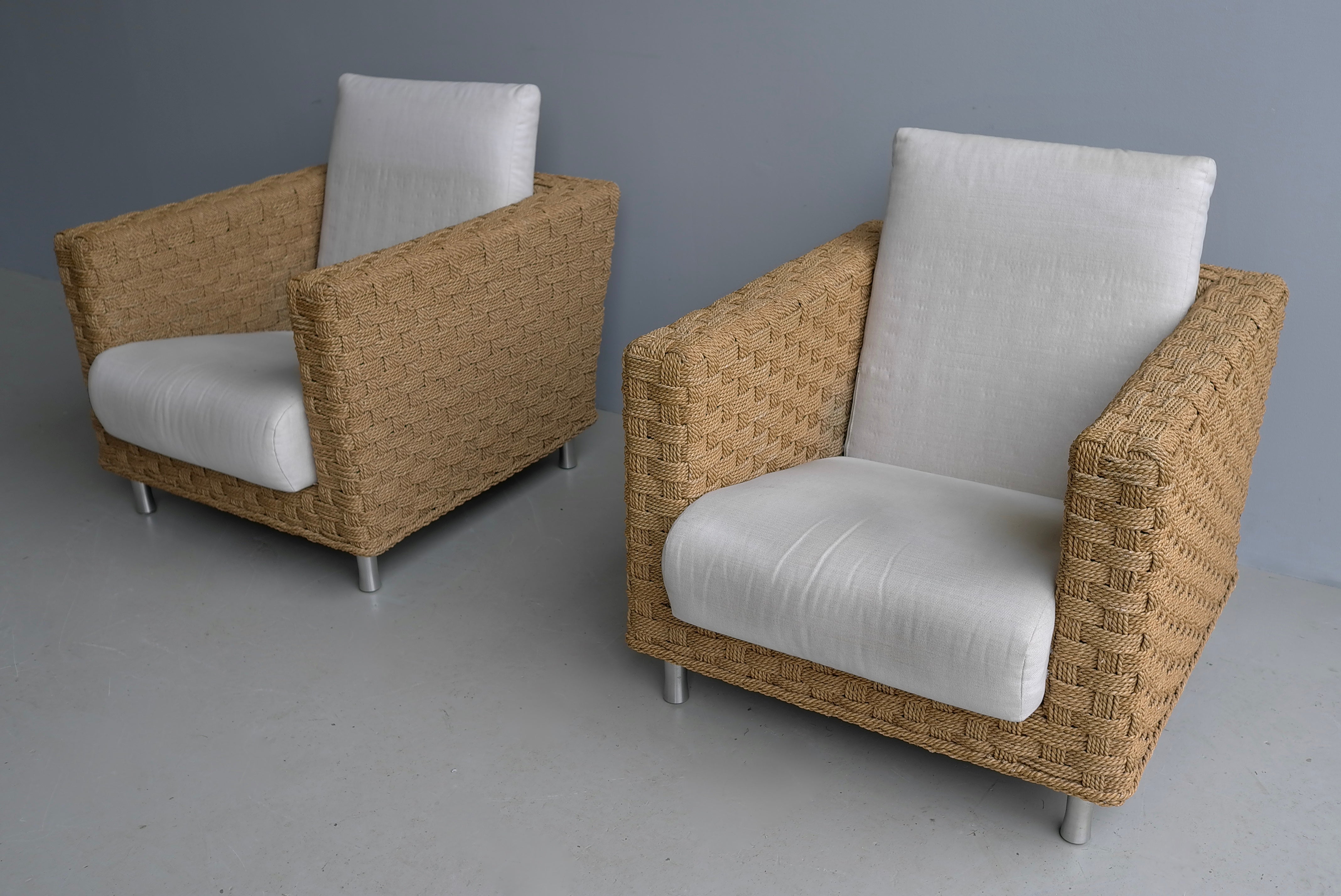 Mid-Century moderno Coppia di poltrone francesi in corda intrecciata 