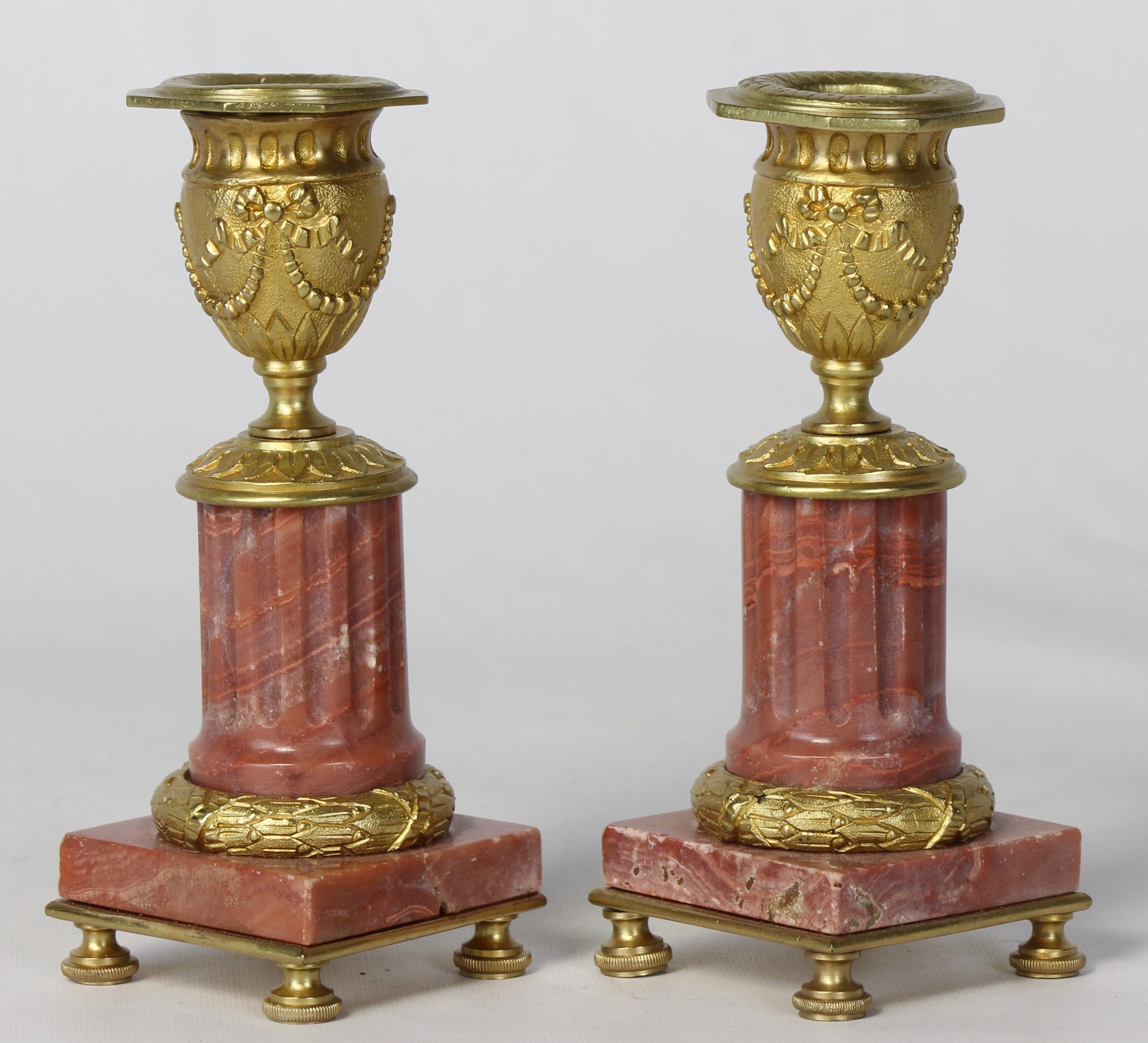 Pair of French Rose Marble Neoclassical Style Candlesticks (Neoklassisch)