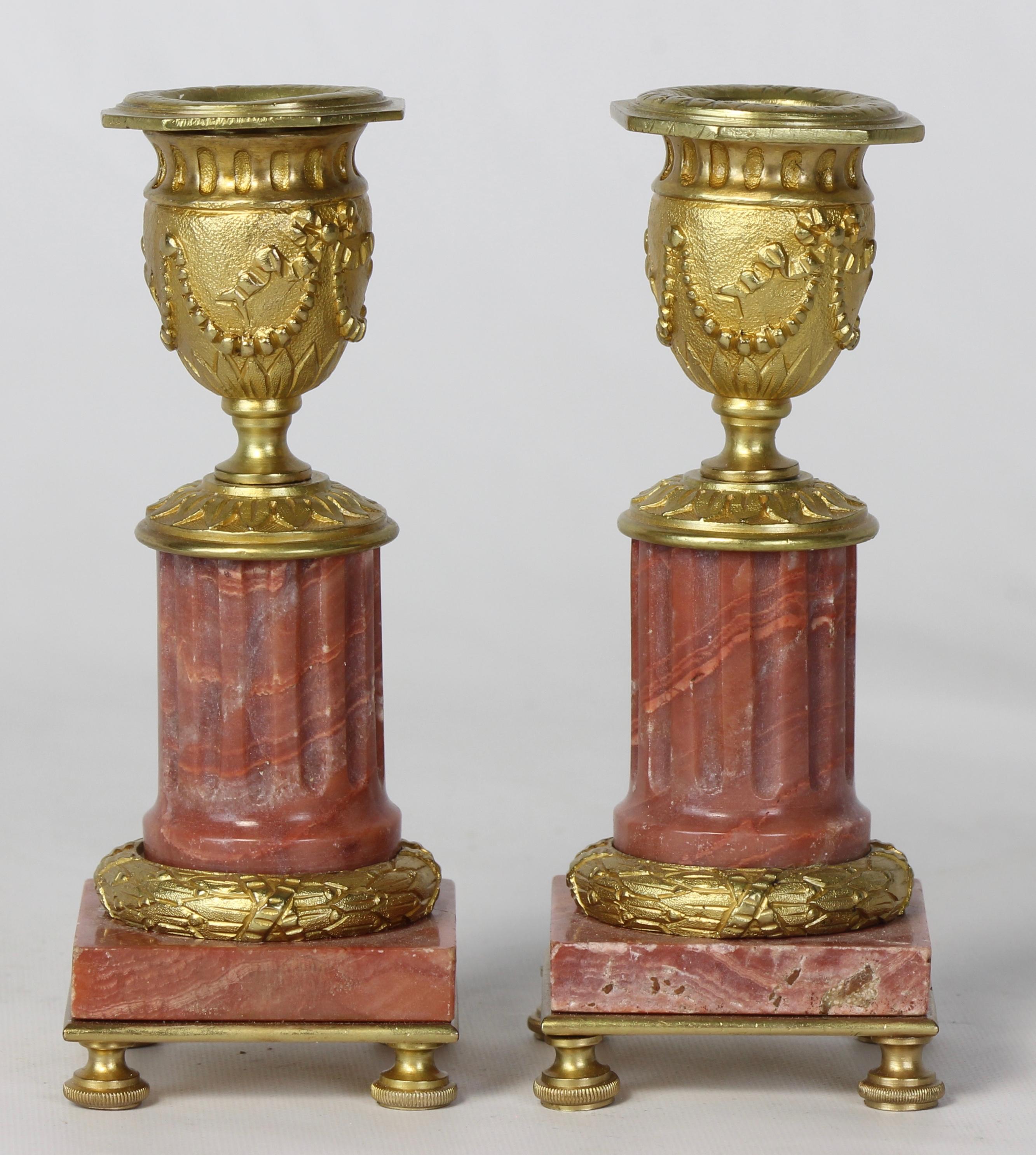 Pair of French Rose Marble Neoclassical Style Candlesticks In Good Condition In Kilmarnock, VA