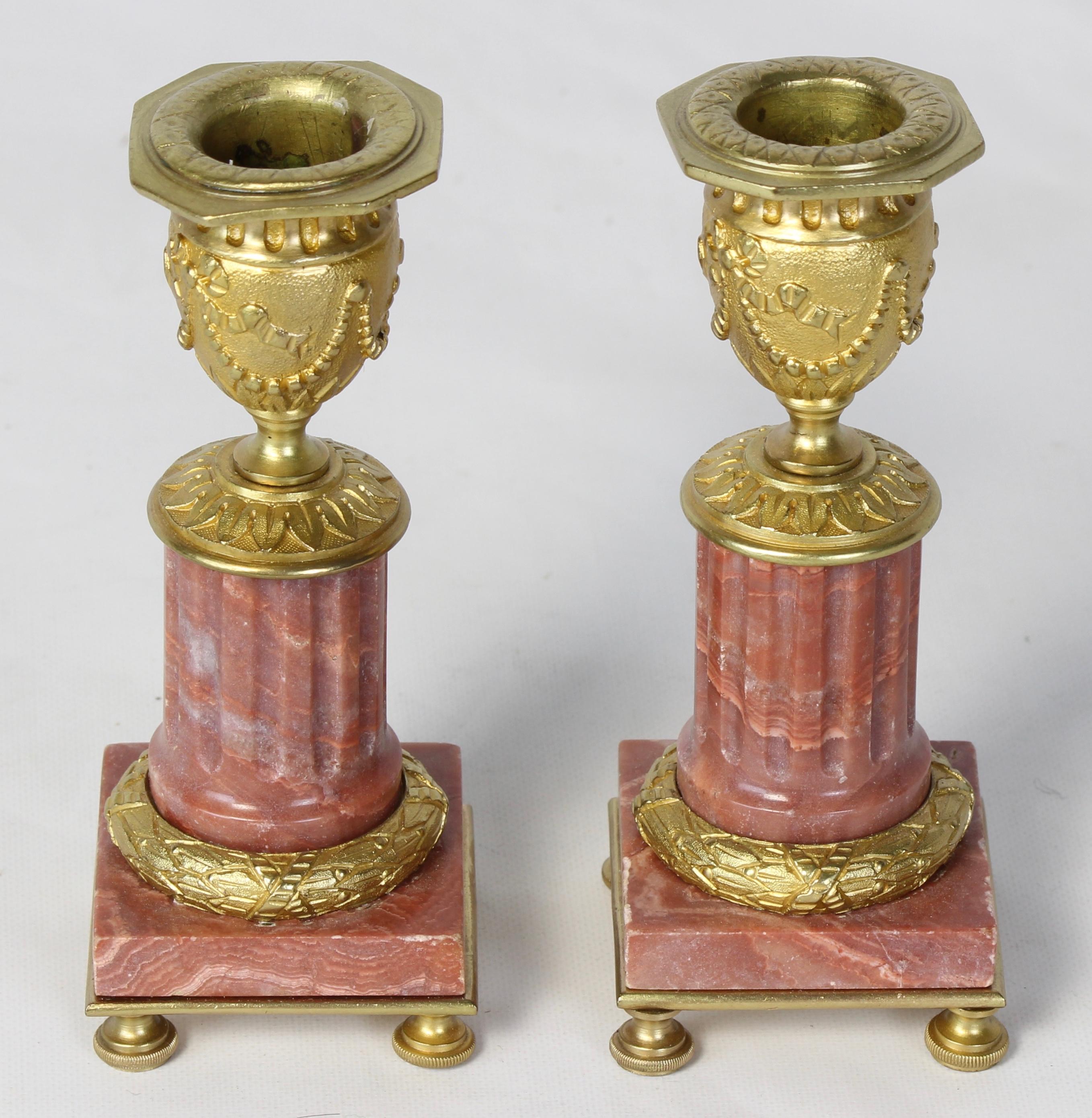 Bronze Pair of French Rose Marble Neoclassical Style Candlesticks