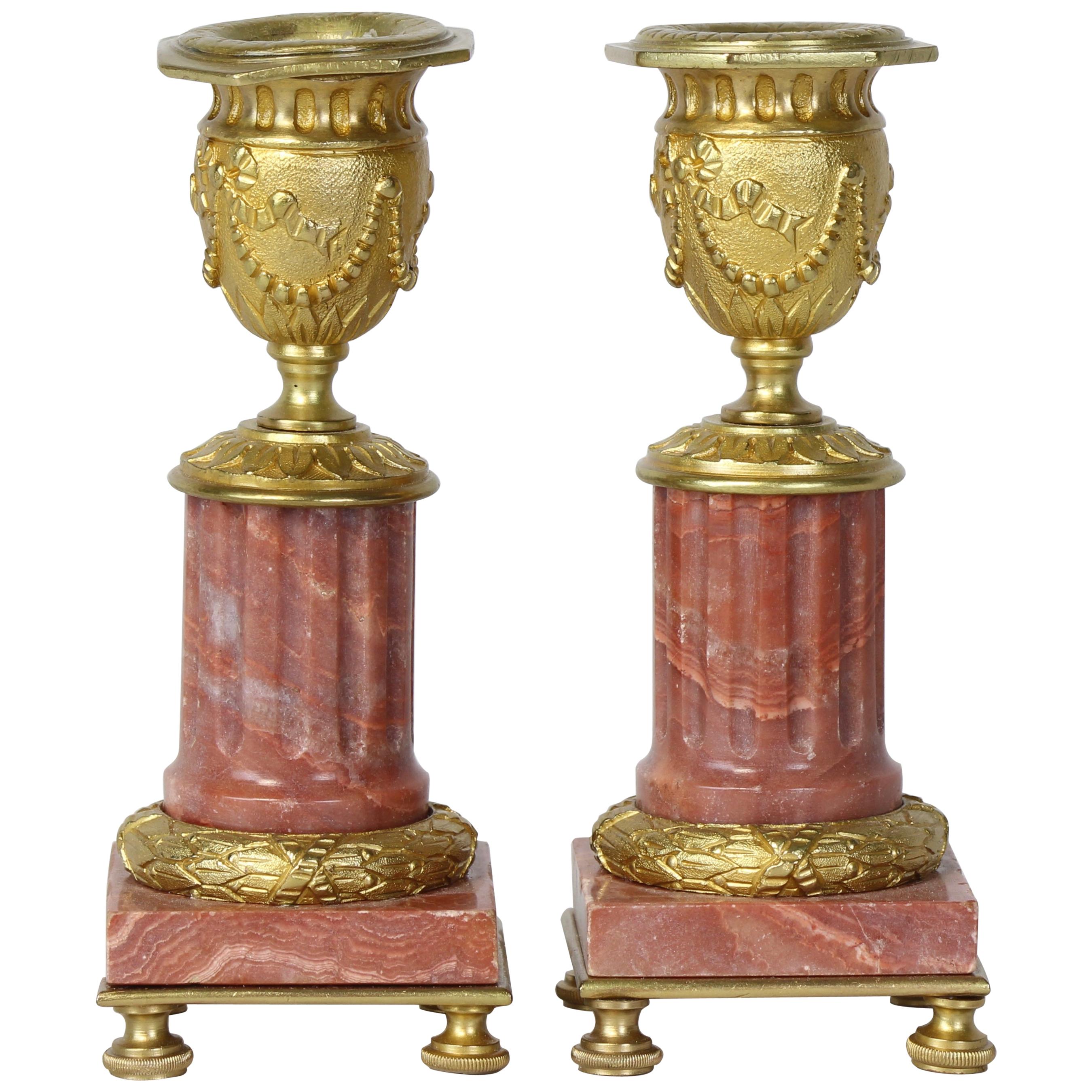 Pair of French Rose Marble Neoclassical Style Candlesticks