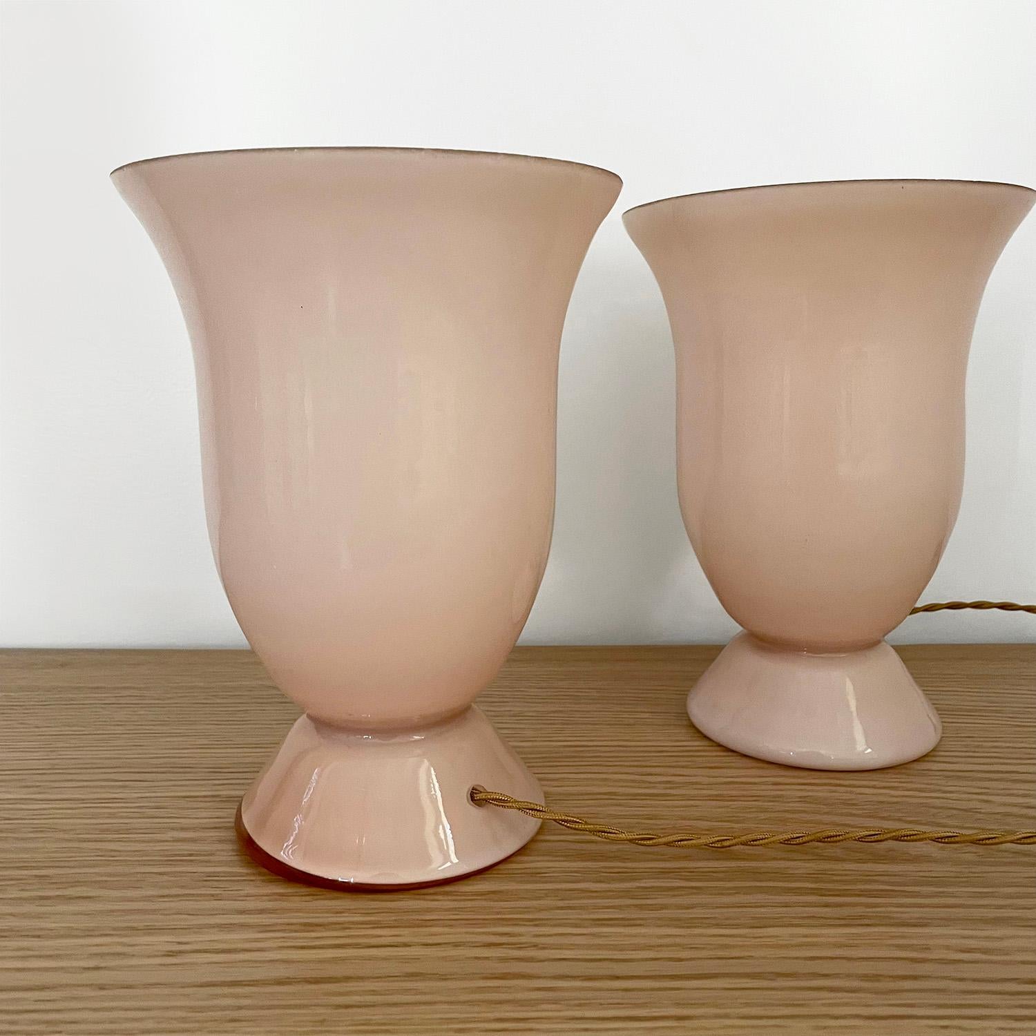 Pair of French Rose Pink Glass Tulip Lamps 3