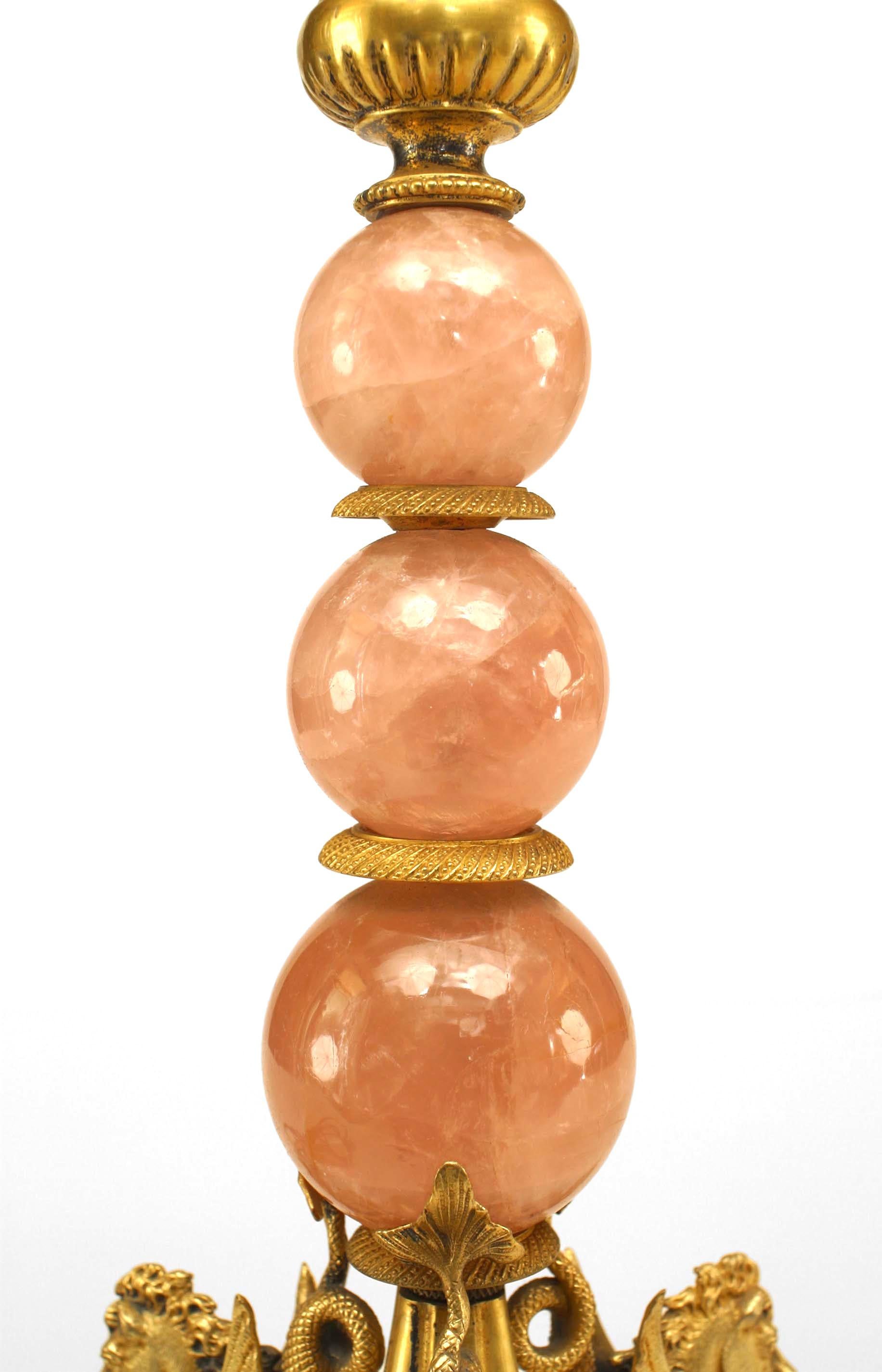 Pair of French Mid-Century Rose Quartz and Bronze Table Lamps For Sale 5