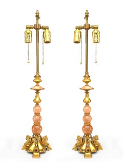 Pair of French Mid-Century Rose Quartz and Bronze Table Lamps