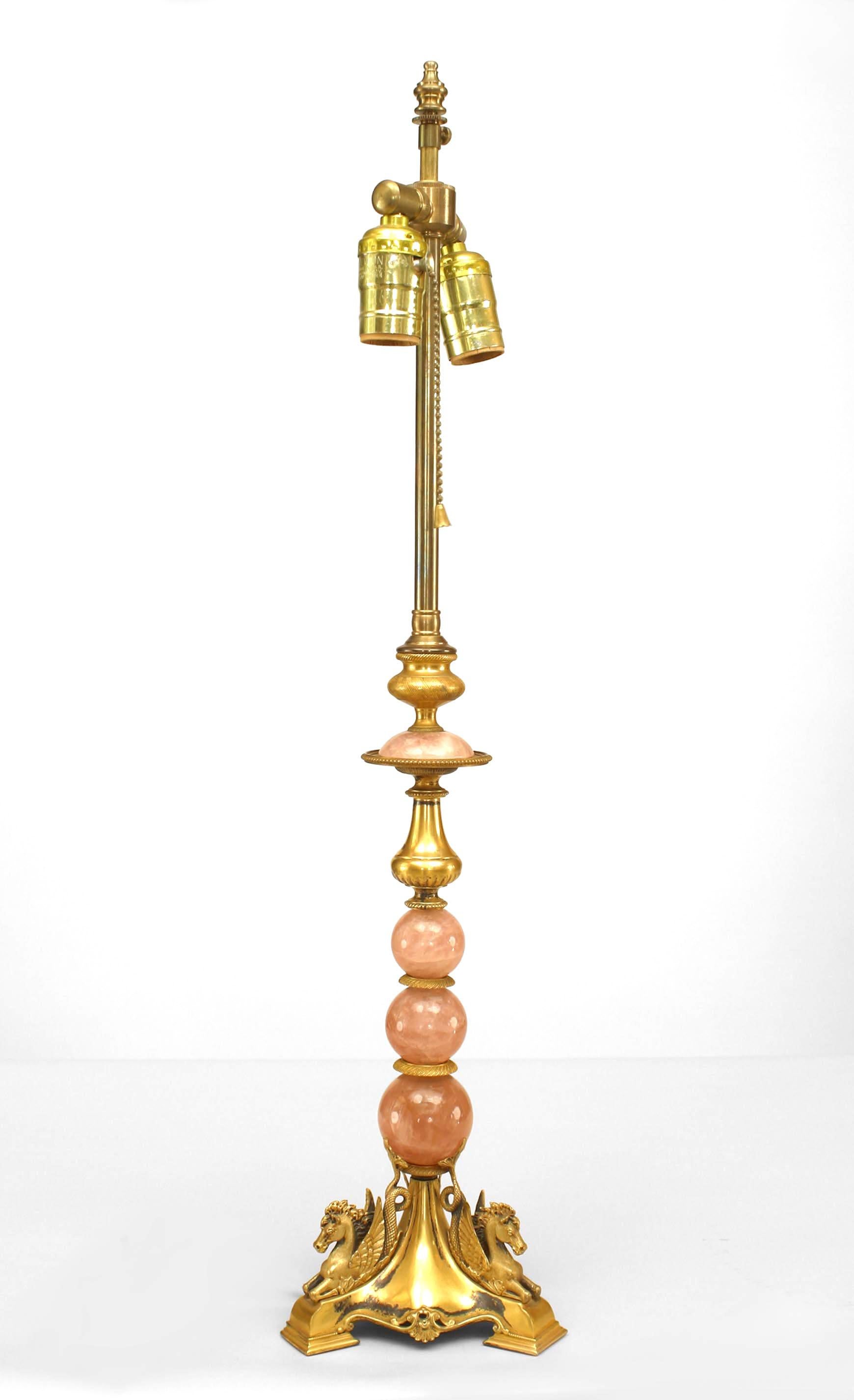Pair of French Mid-Century Rose Quartz and Bronze Table Lamps In Good Condition For Sale In New York, NY