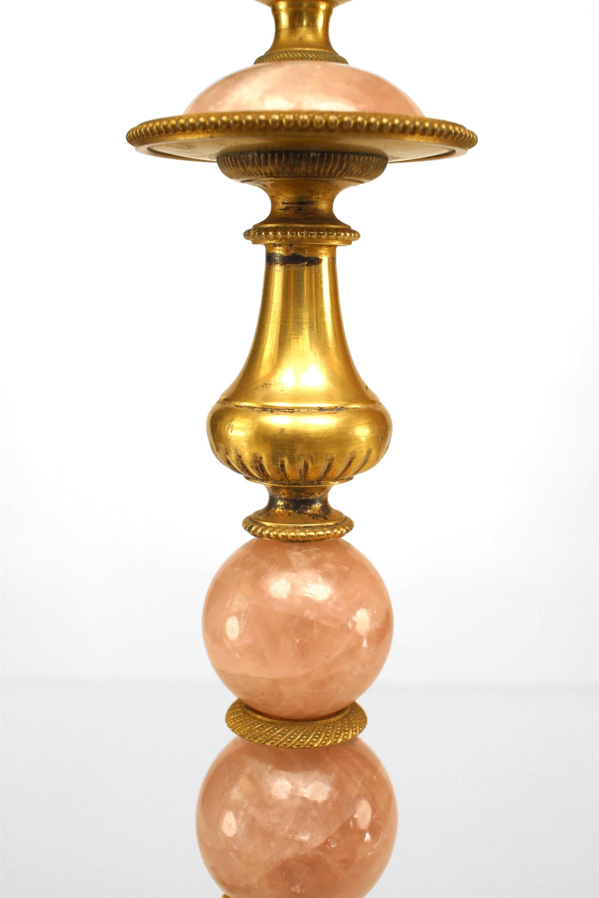 Pair of French Mid-Century Rose Quartz and Bronze Table Lamps For Sale 3
