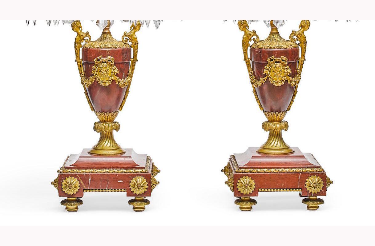Pair of French Rouge Marble & Rock Crystal Ormolu Lamps, 19th Century For Sale 9