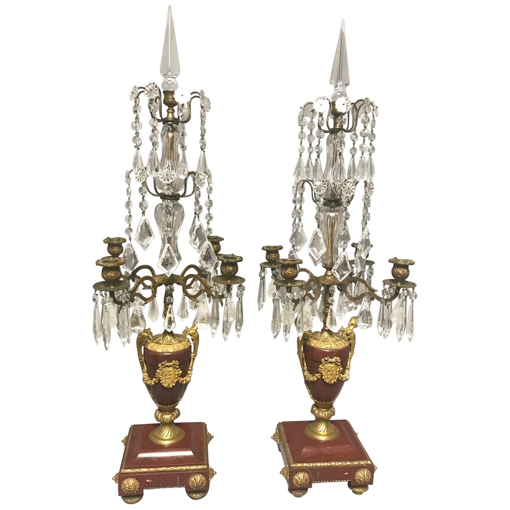 Pair of French Rouge Marble & Rock Crystal Ormolu Lamps, 19th Century