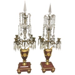 Pair of French Rouge Marble & Rock Crystal Ormolu Lamps, 19th Century