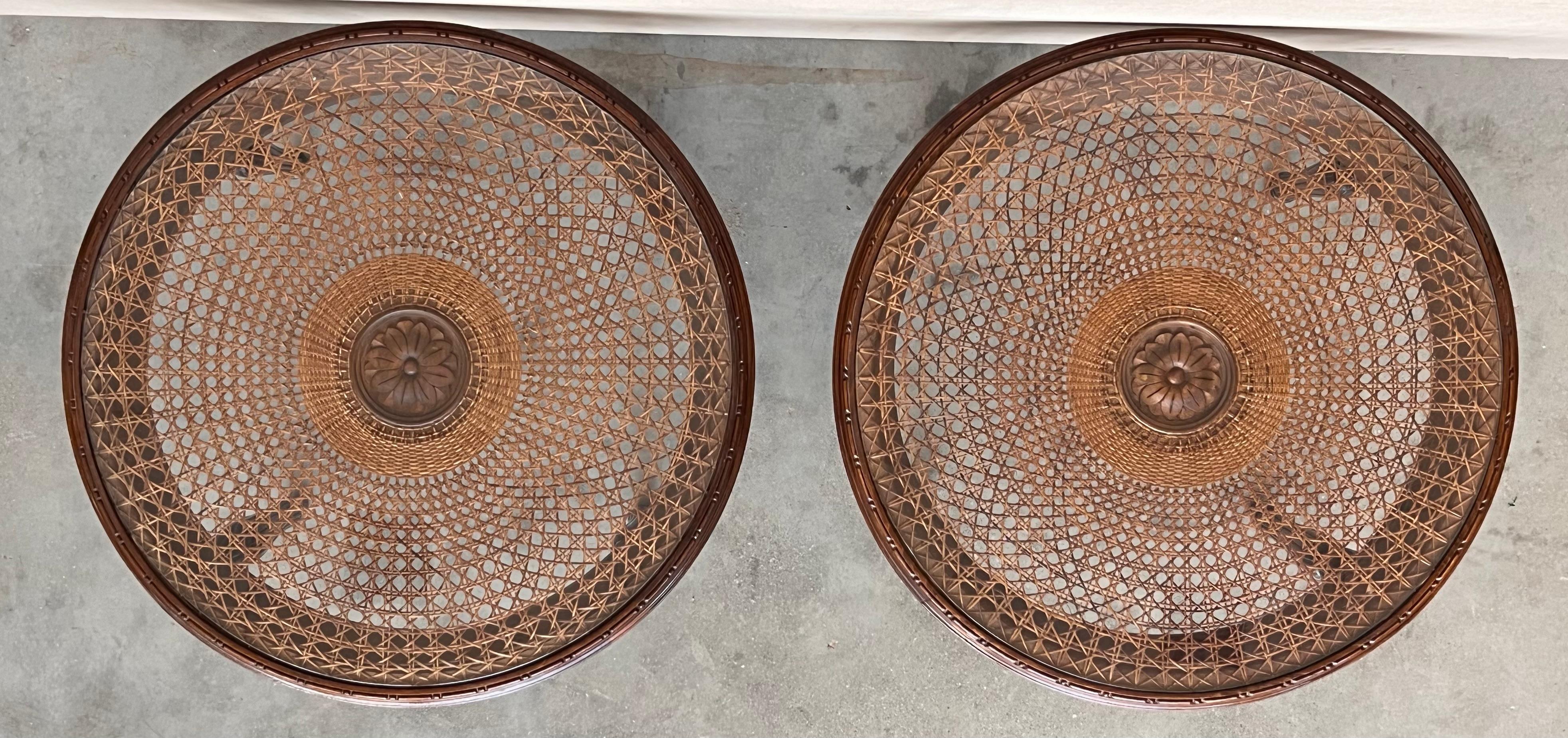 Pair of French Round Side or Coffee tables with wicker top and carved legs For Sale 4
