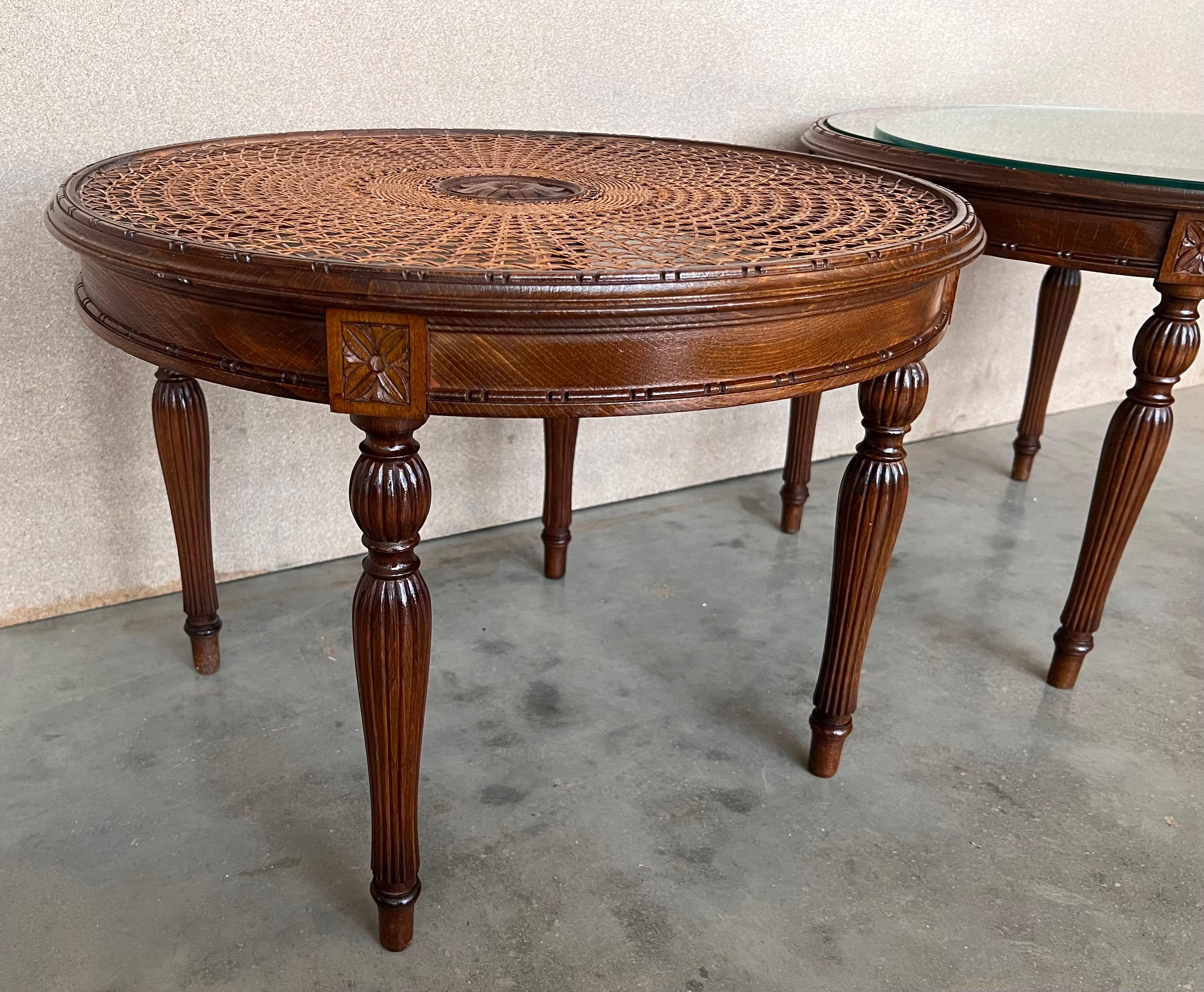 Pair of French Round Side or Coffee tables with wicker top and carved legs For Sale 2