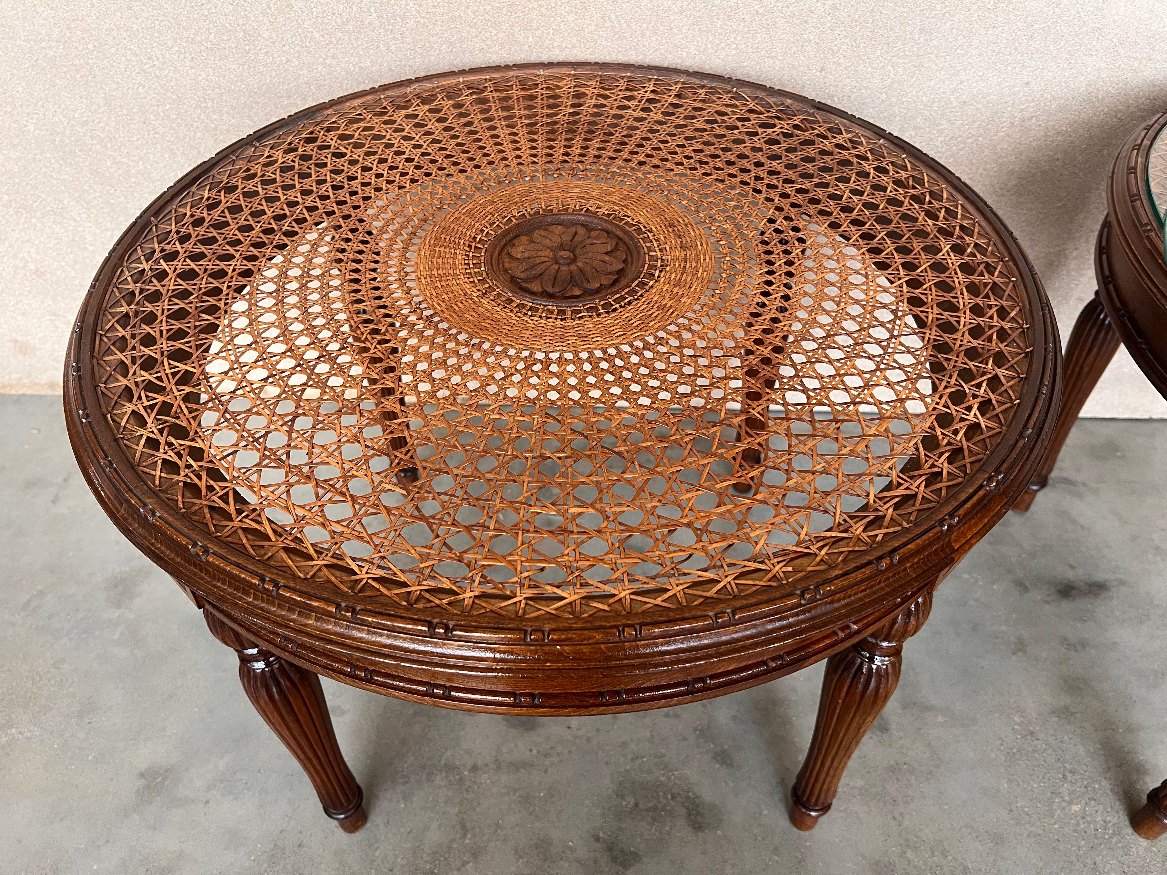 Pair of French Round Side or Coffee tables with wicker top and carved legs For Sale 3