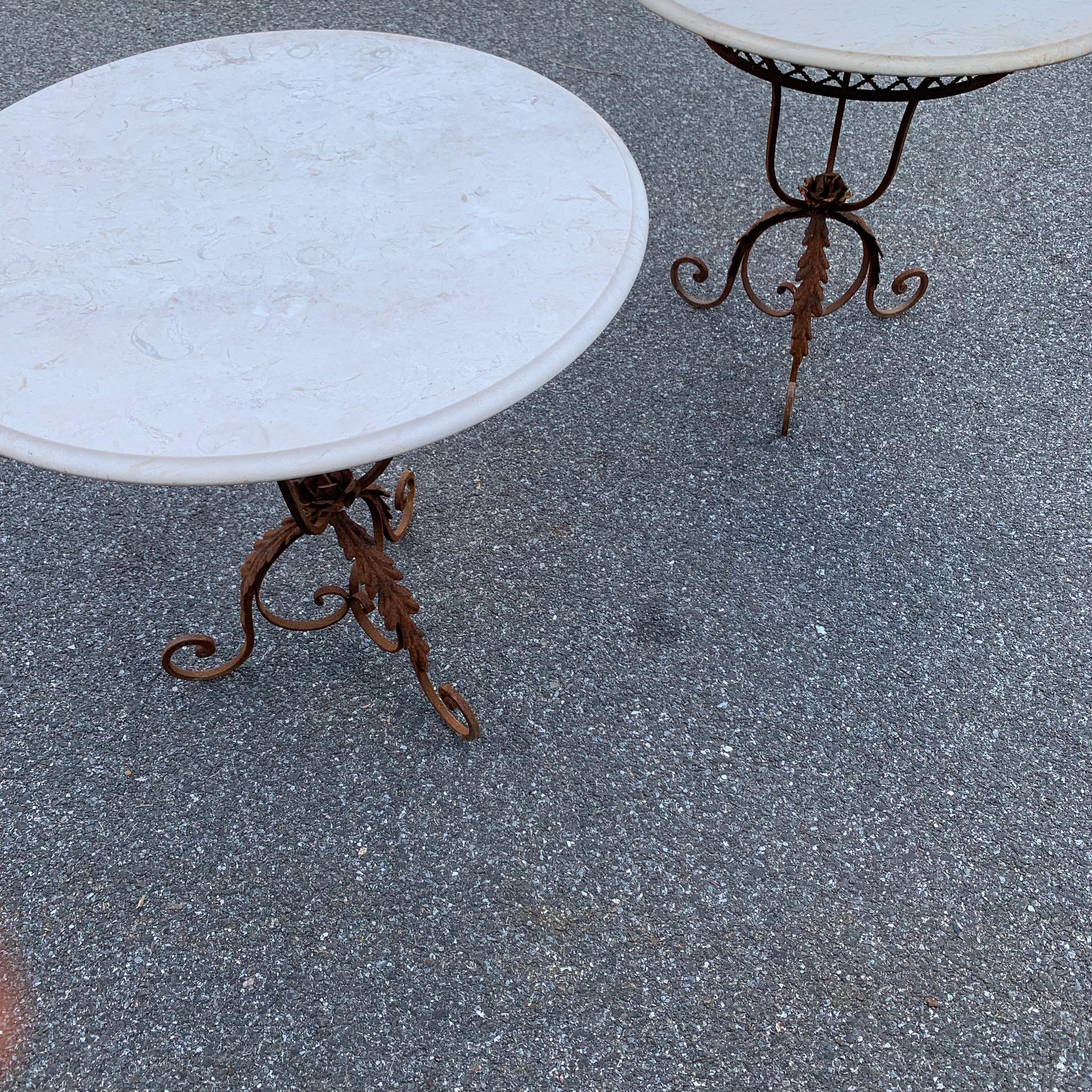 Pair of French Round Wrought Iron and Marble Garden Bistro Tables 15
