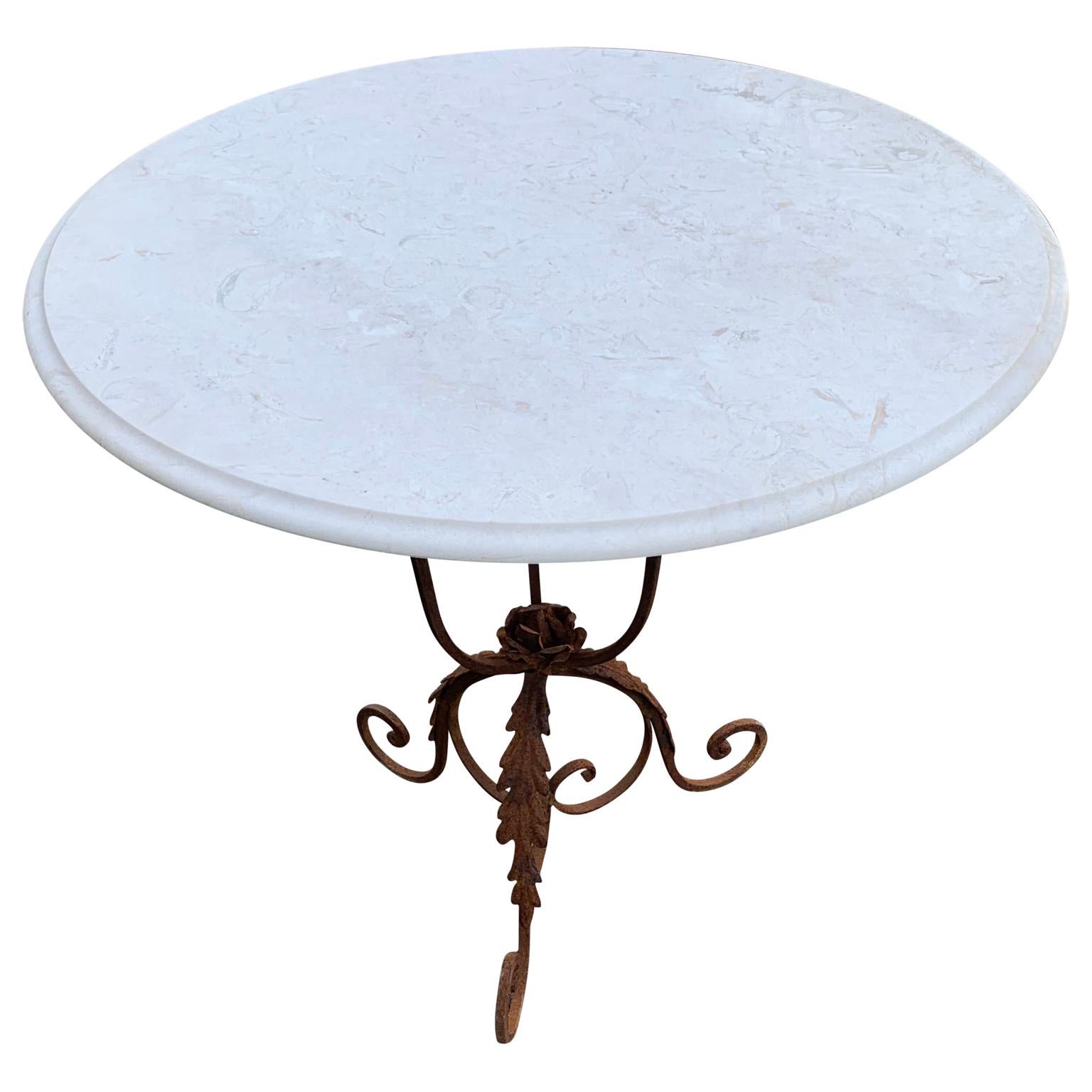 Louis XVI Pair of French Round Wrought Iron and Marble Garden Bistro Tables