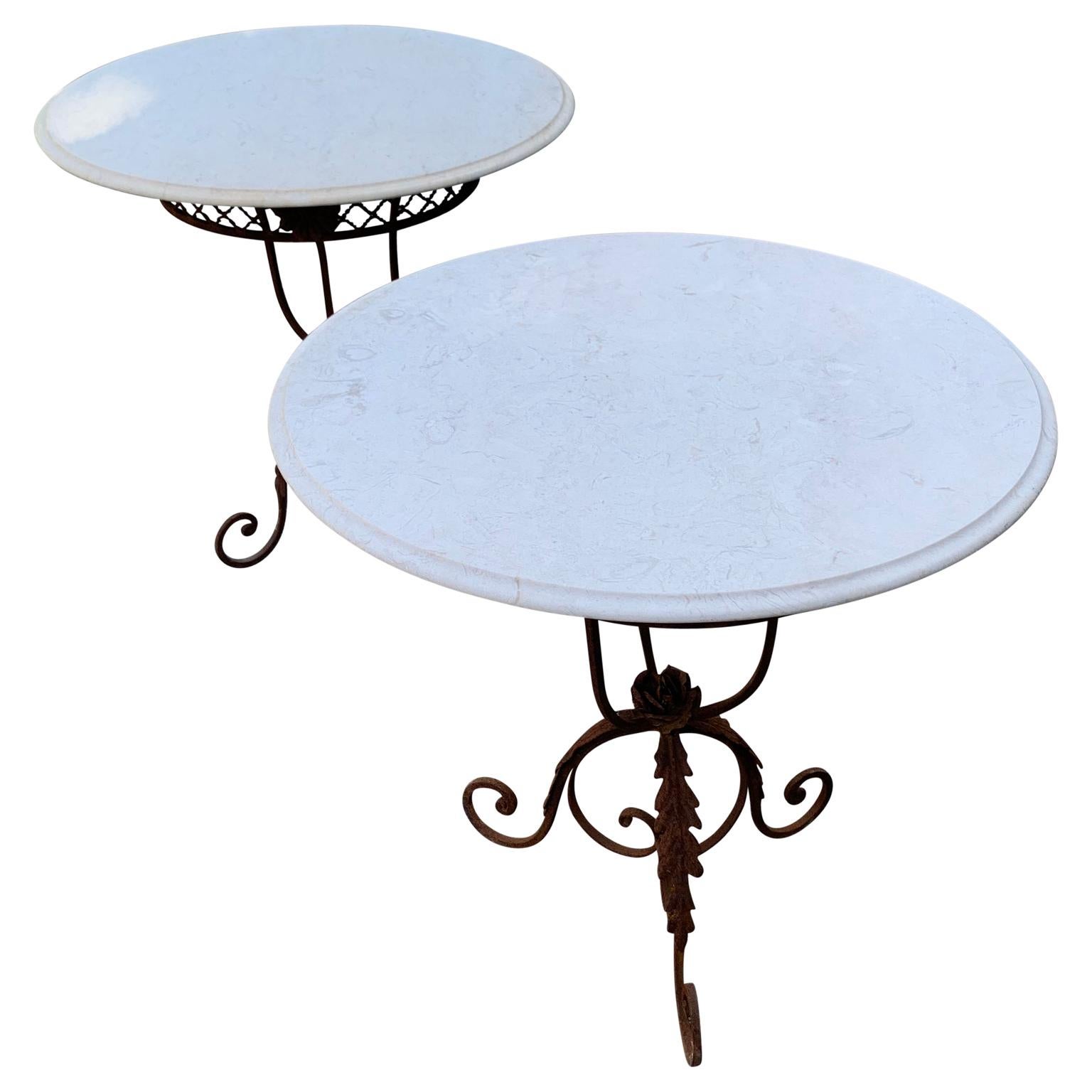 Pair of French Round Wrought Iron and Marble Garden Bistro Tables In Good Condition In Haddonfield, NJ