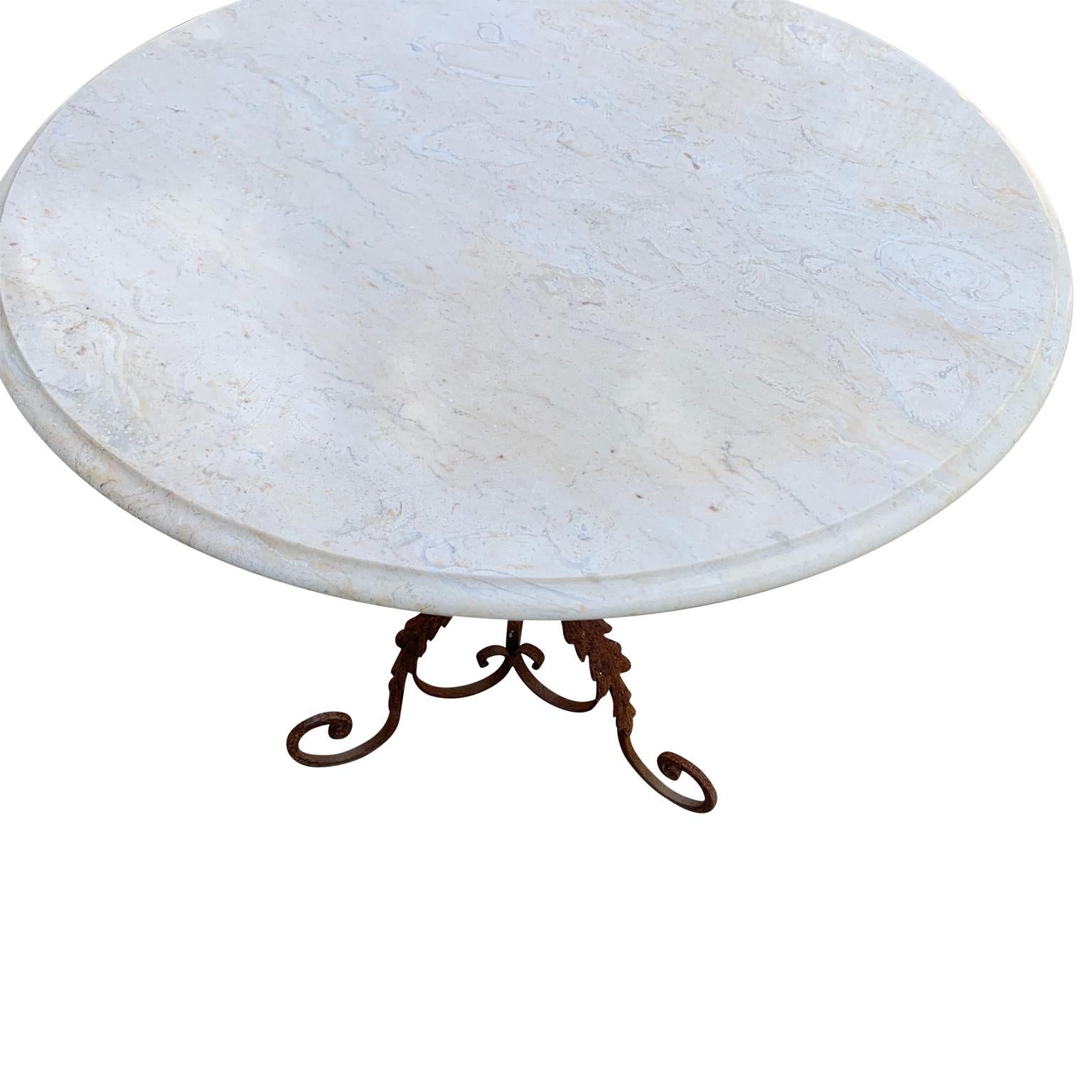 20th Century Pair of French Round Wrought Iron and Marble Garden Bistro Tables