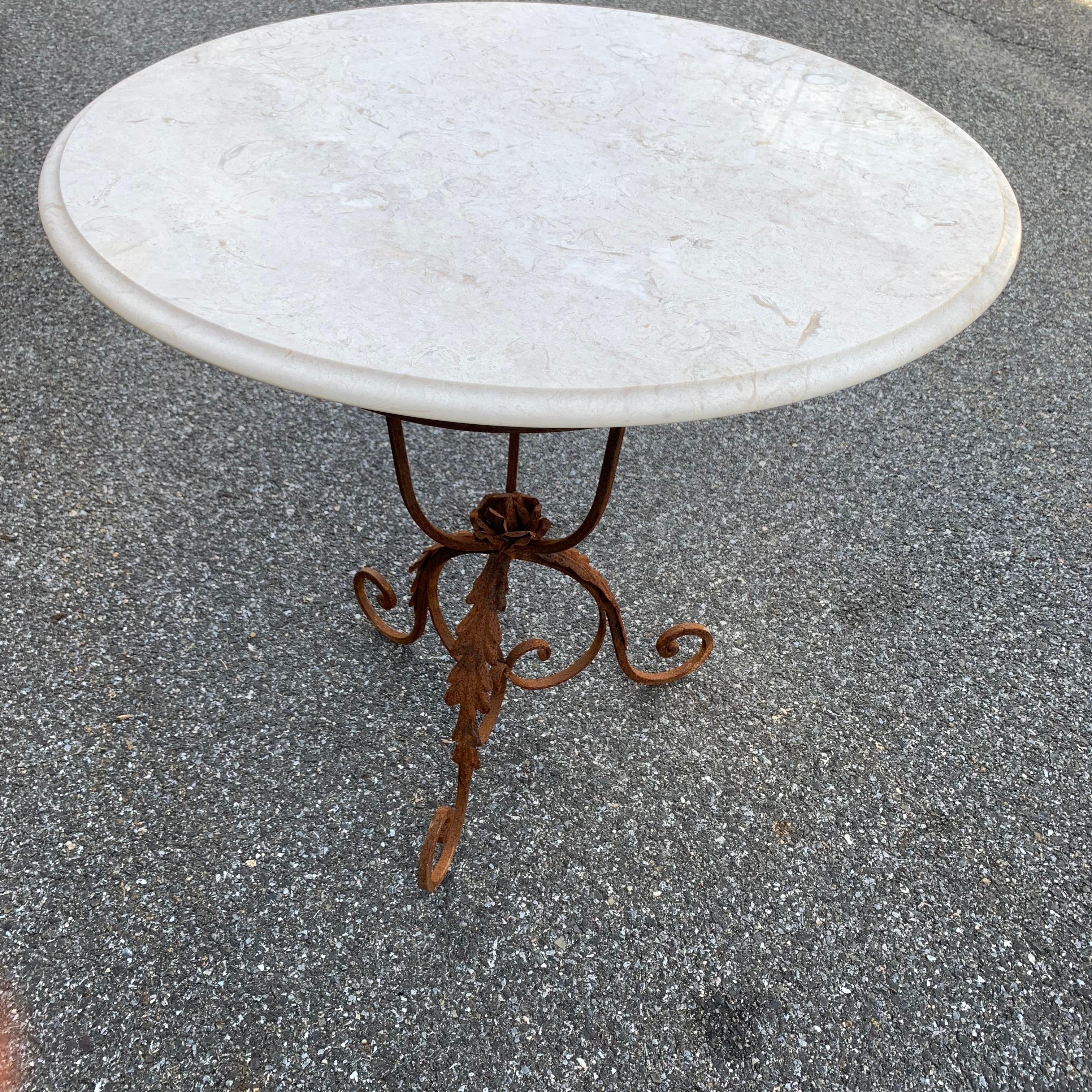 Pair of French Round Wrought Iron and Marble Garden Bistro Tables 1