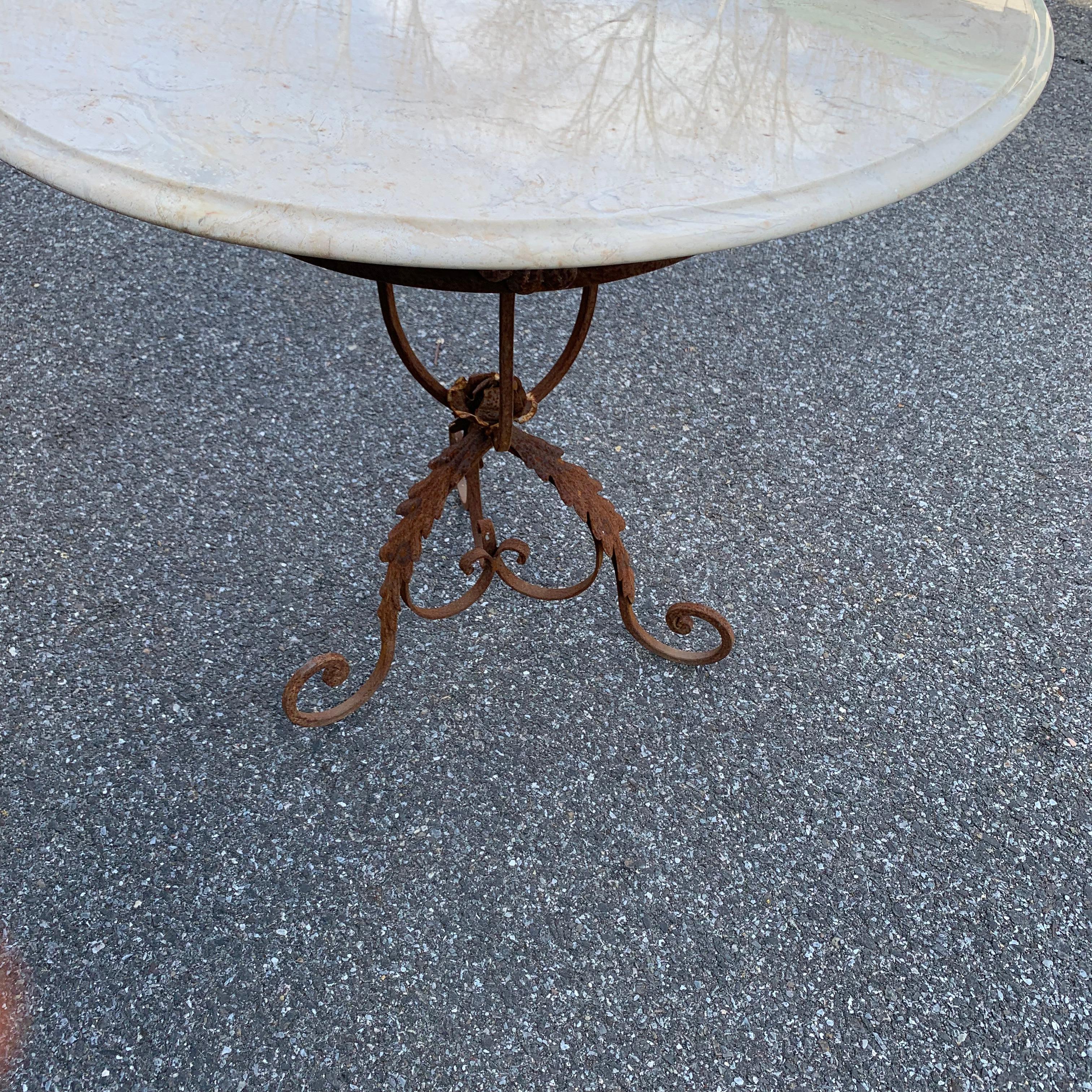 Pair of French Round Wrought Iron and Marble Garden Bistro Tables 2