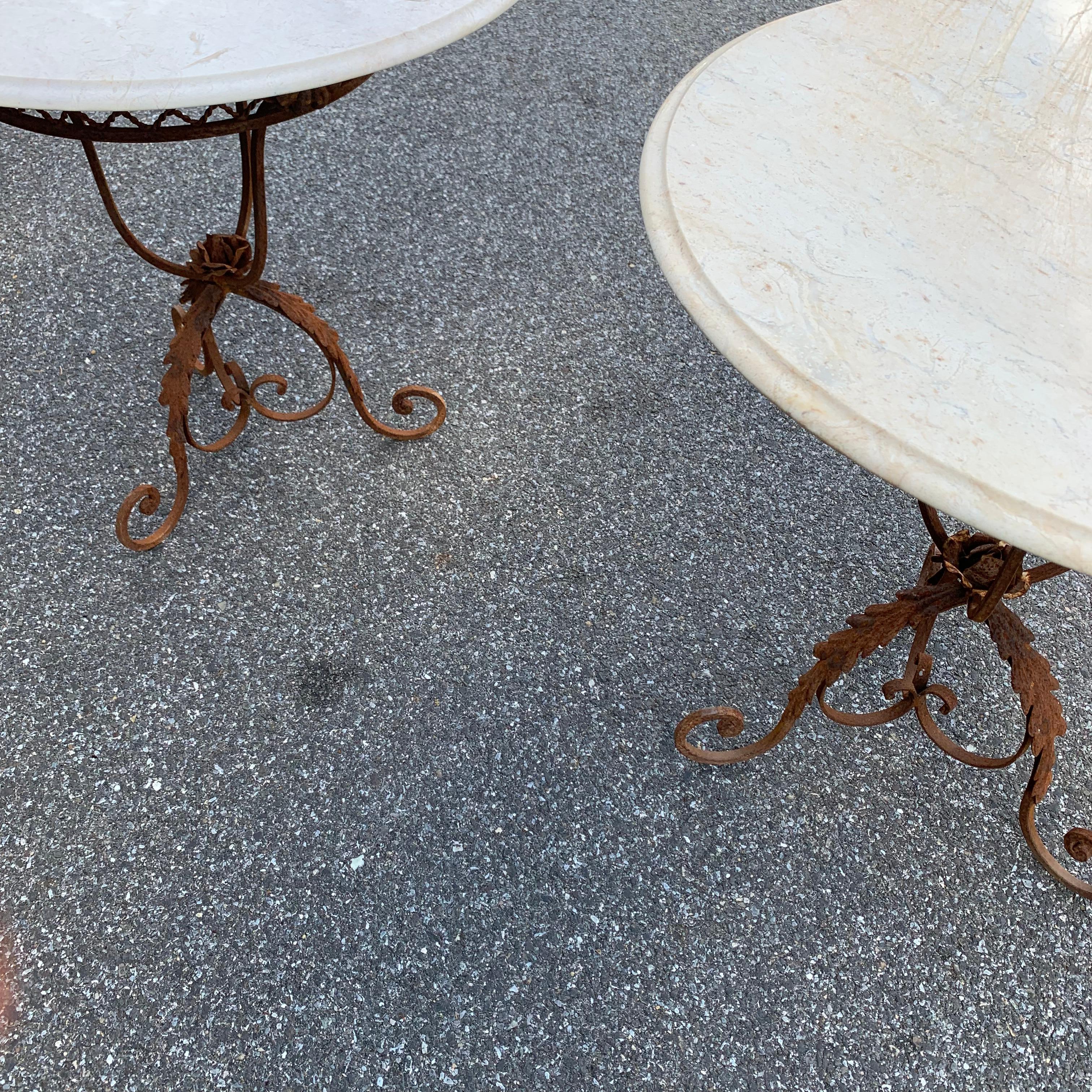Pair of French Round Wrought Iron and Marble Garden Bistro Tables 3