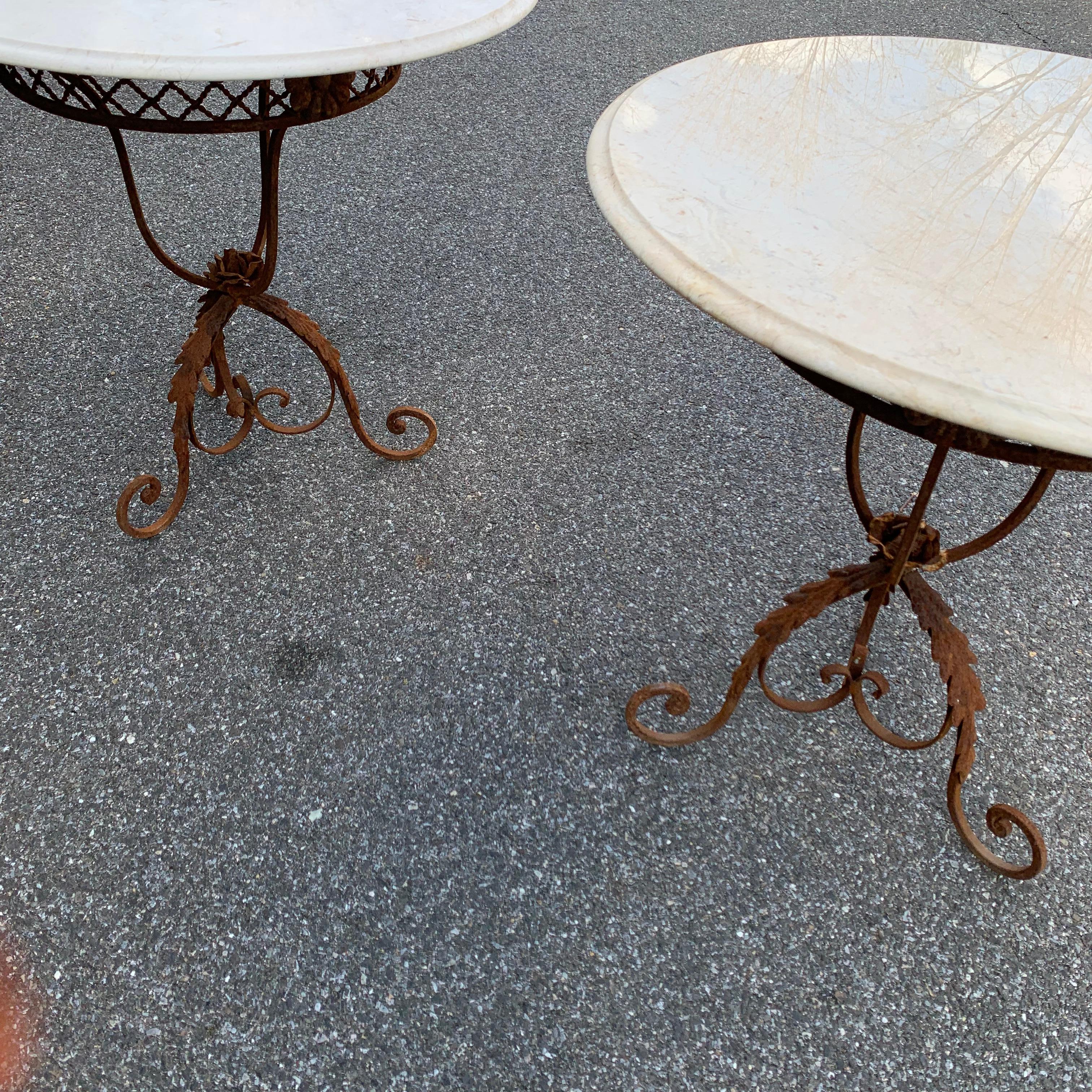 Pair of French Round Wrought Iron and Marble Garden Bistro Tables 4