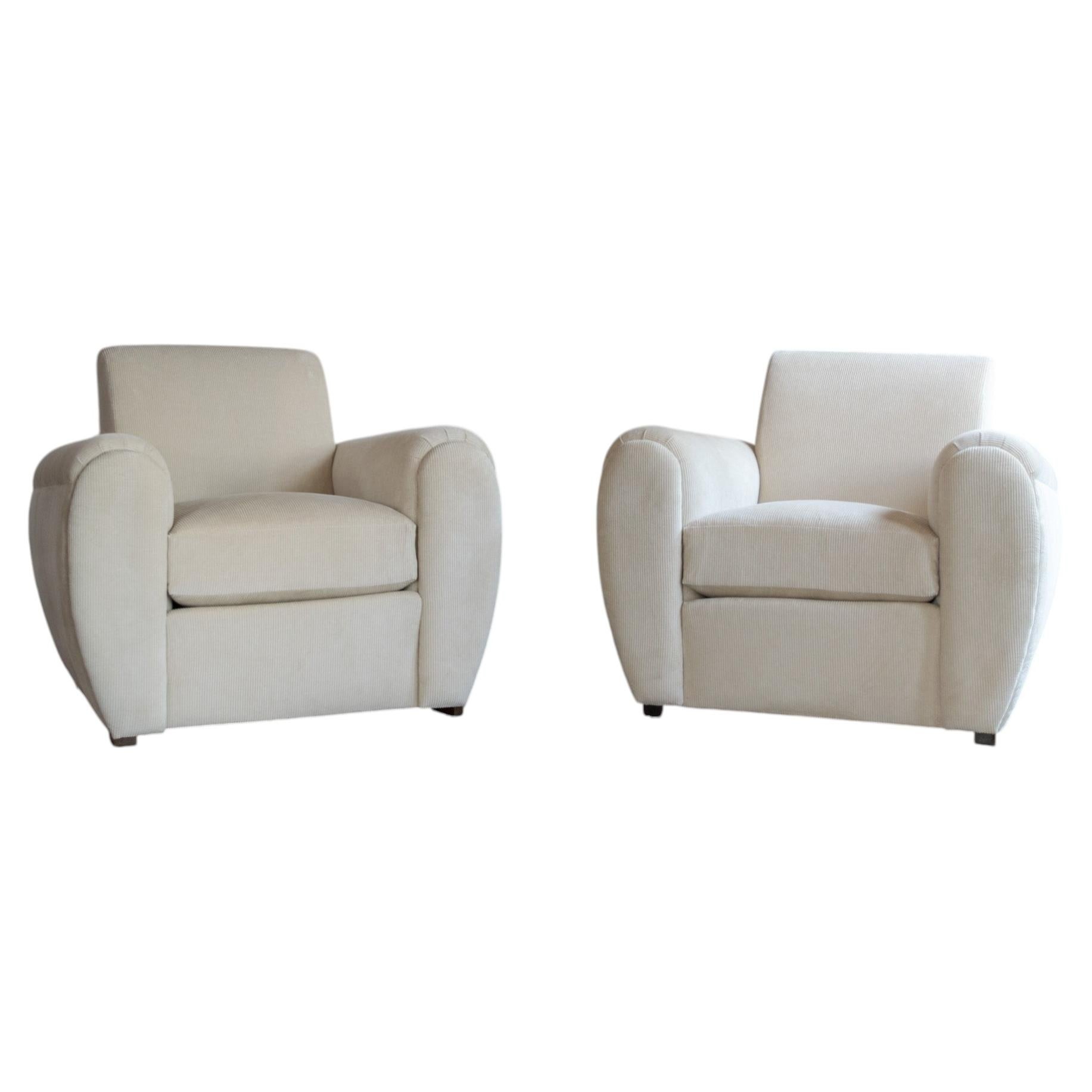 Pair of French Cream Ribbed Club Chairs, Mid-20th Century