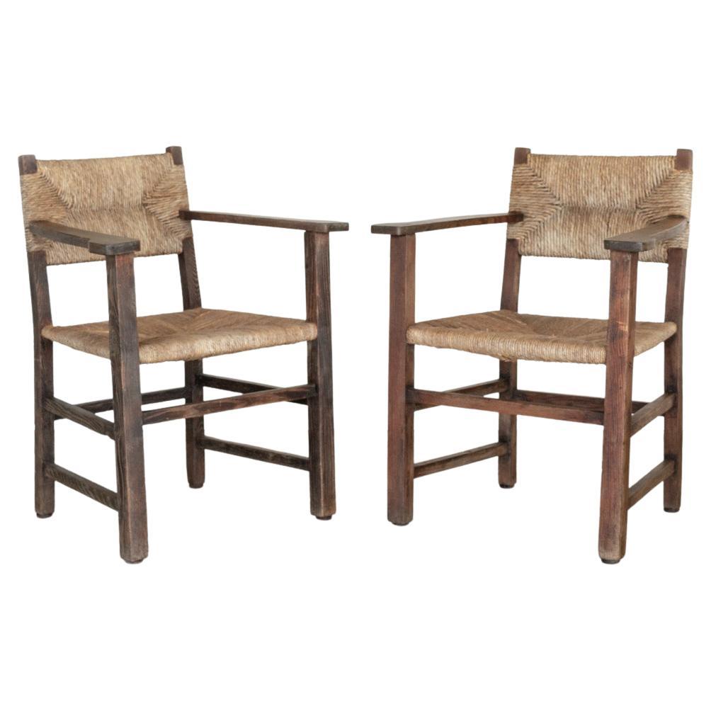 French Rustic Wood and Woven Chairs