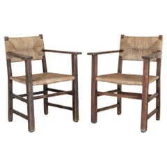 French Rustic Wood and Woven Chairs