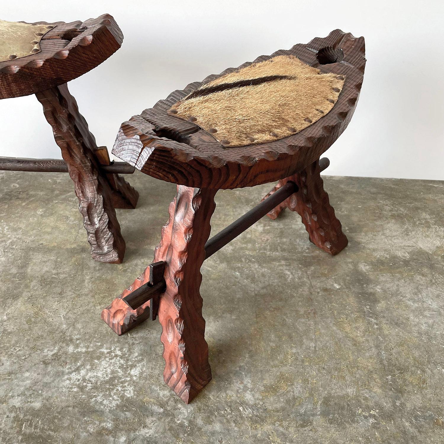 Pair of French Rustic Wood Chalet Stools For Sale 7