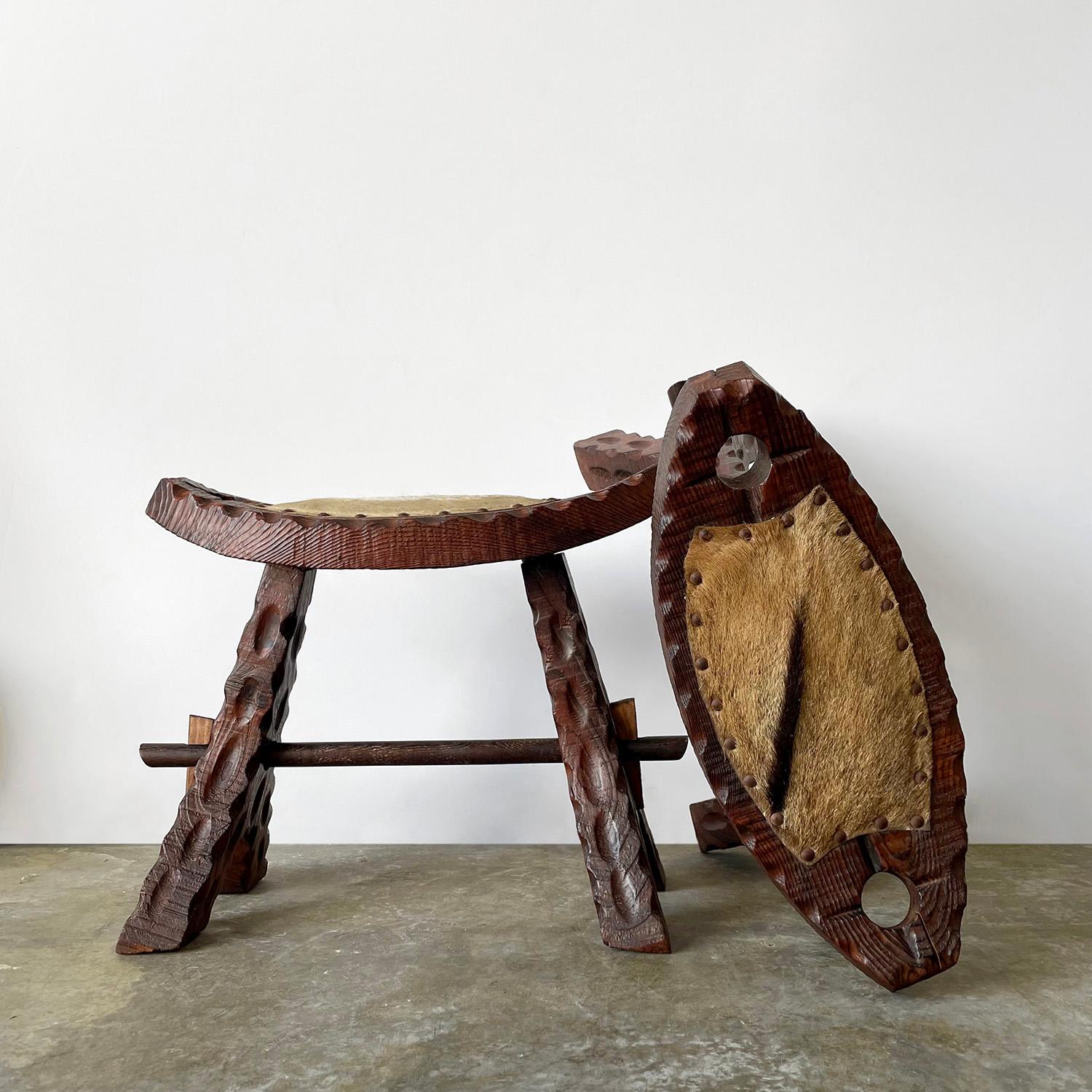 Pair of French rustic wood chalet stools
France, early 20th century
We believe these stools were handcrafted by someone with a deep appreciation and love for wood
These heavy weight, solid stools are all about the details
Wonderful textured grain