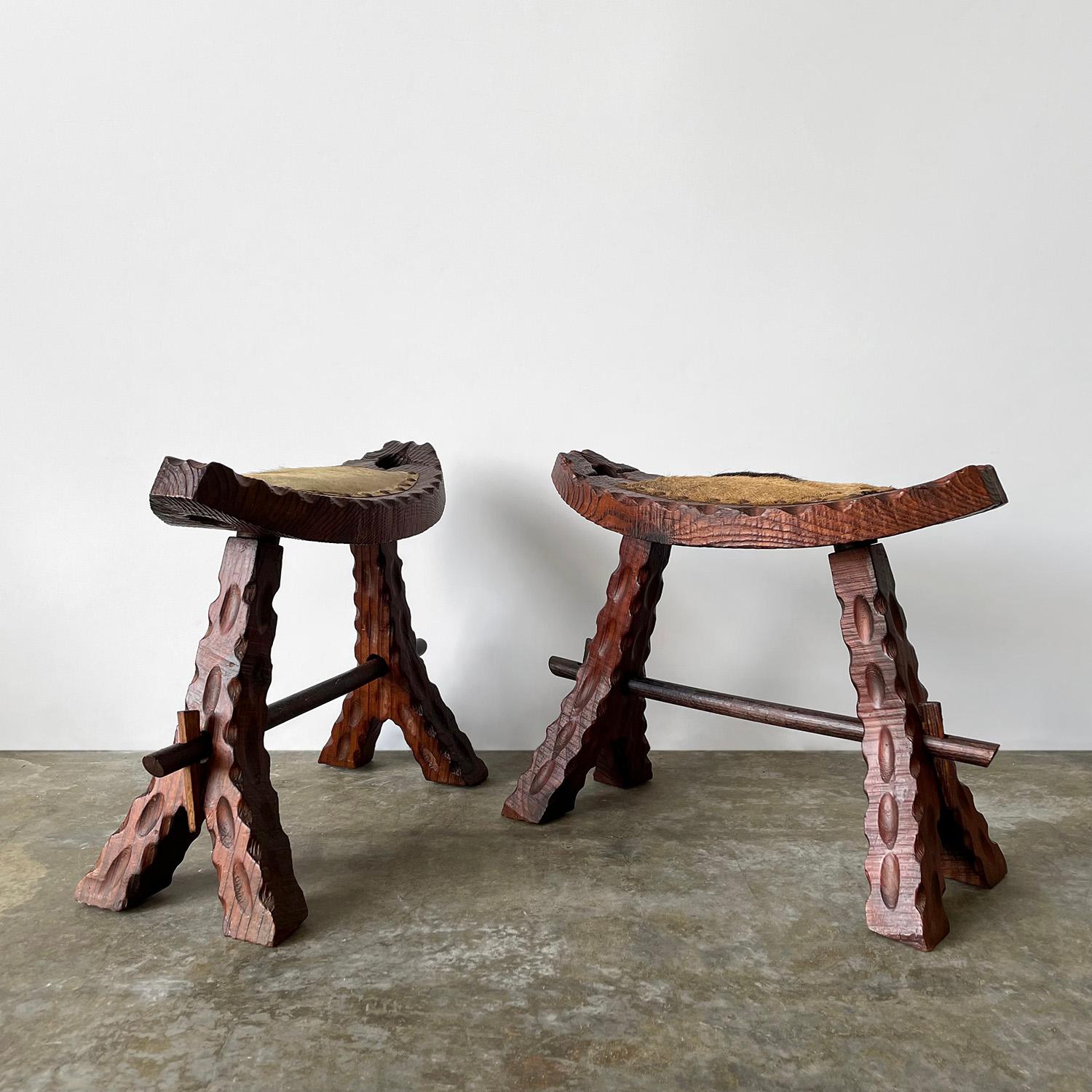 Pair of French Rustic Wood Chalet Stools In Good Condition For Sale In Los Angeles, CA