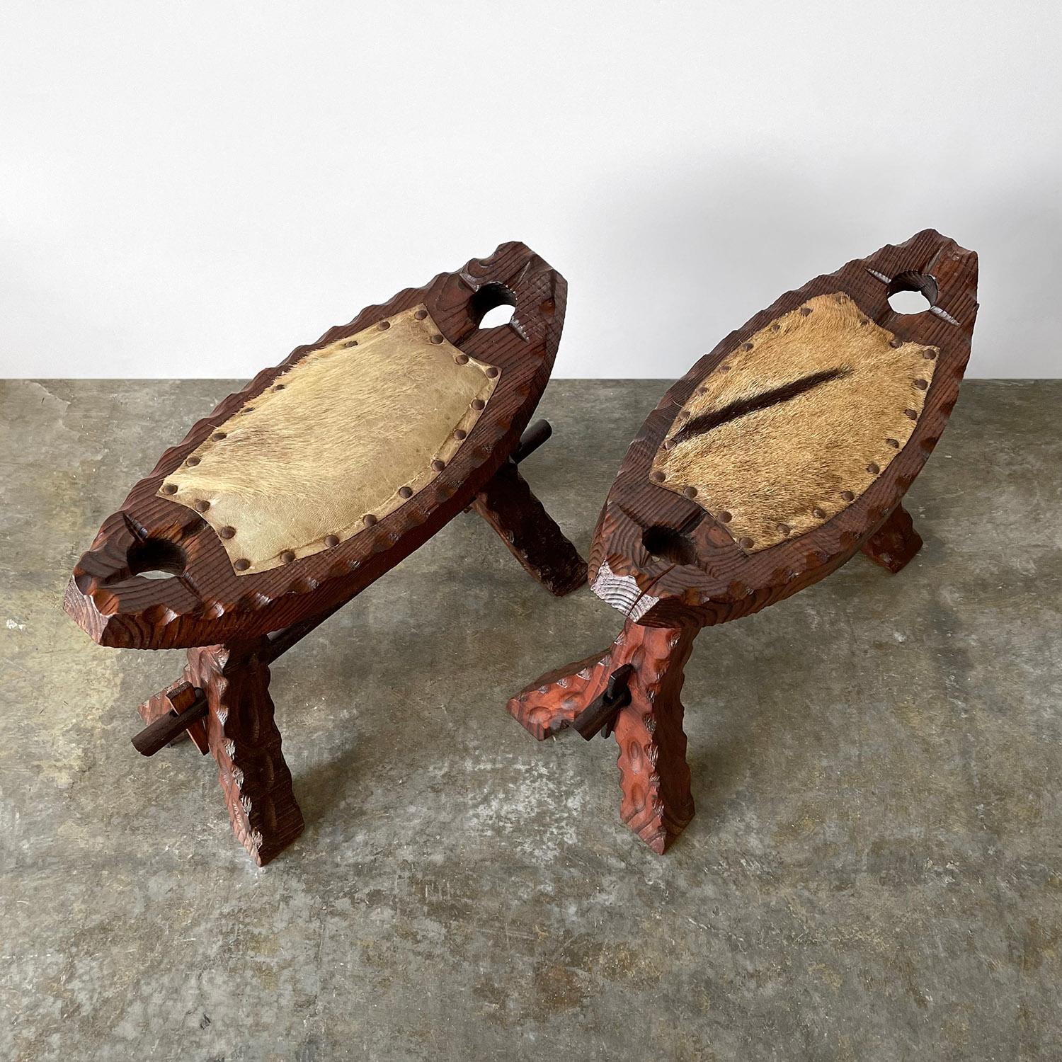 Pair of French Rustic Wood Chalet Stools For Sale 4