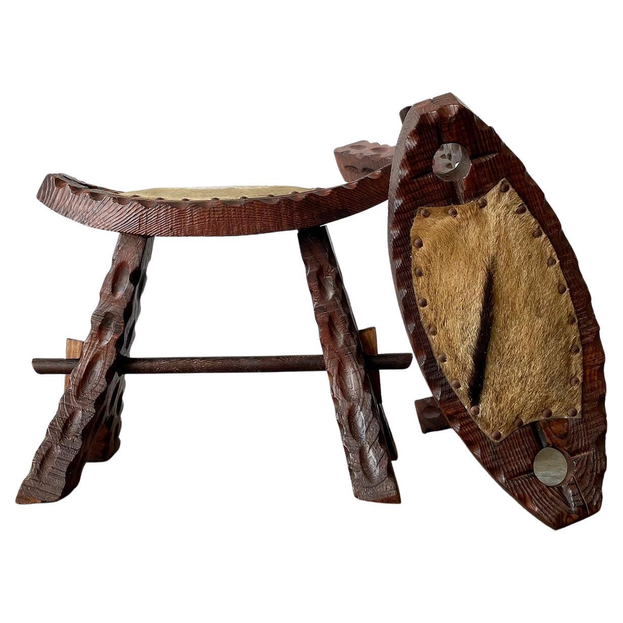 Pair of French Rustic Wood Chalet Stools For Sale