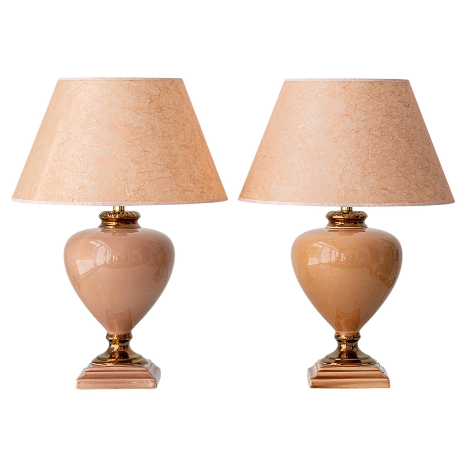 Pair of French Salmon Pink Ceramic Table Lamps by Louis Drimmer, New Lampshades