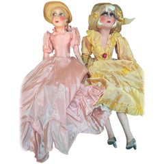 Pair of French Salon Dolls with Silk Dresses, 1930s