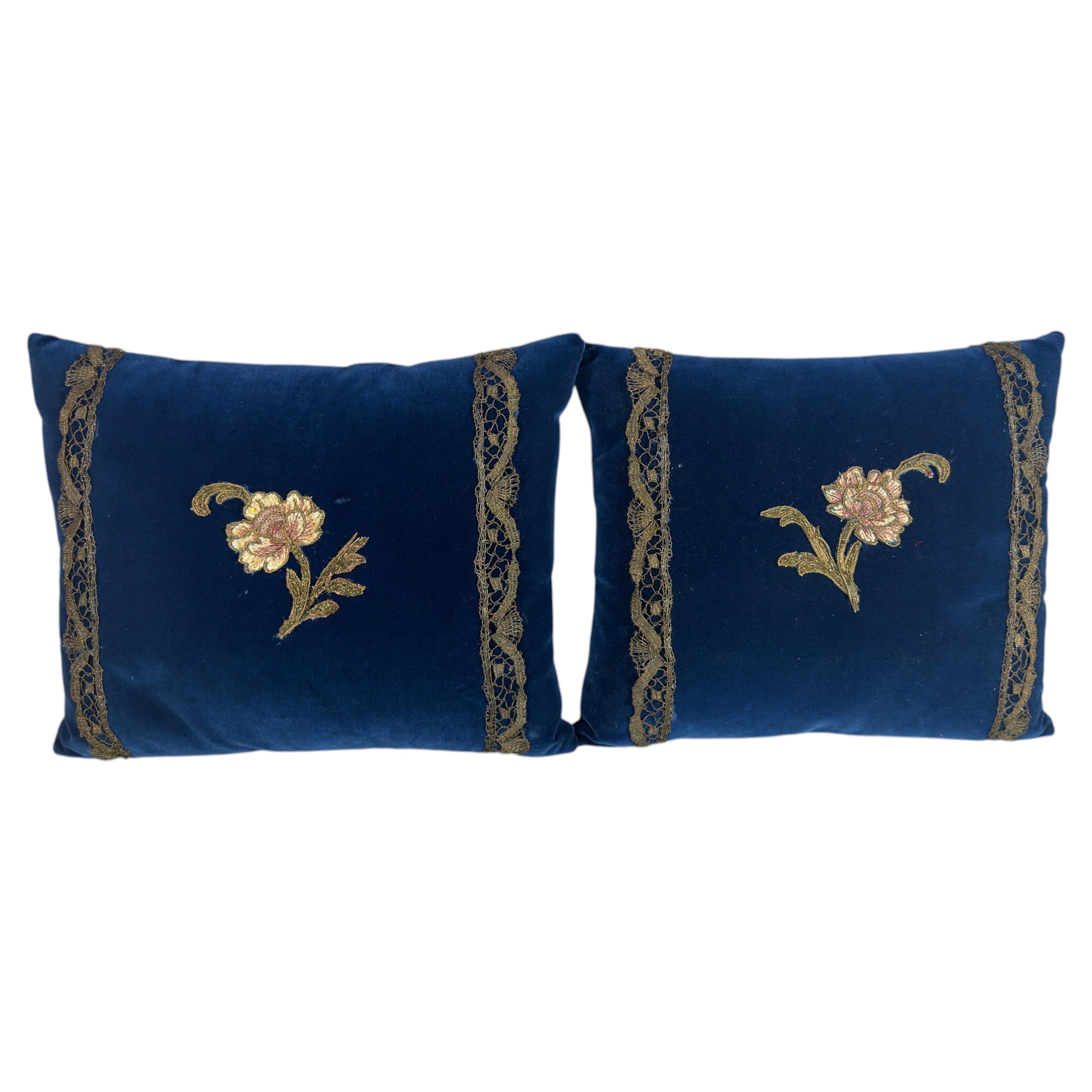Pair of French Sapphire Velvet Pillows with 19th Century Gold Metallic Appliques