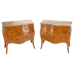 Pair of French Satinwood Inlaid Marble Tops Bombay Shape Dressers Chests